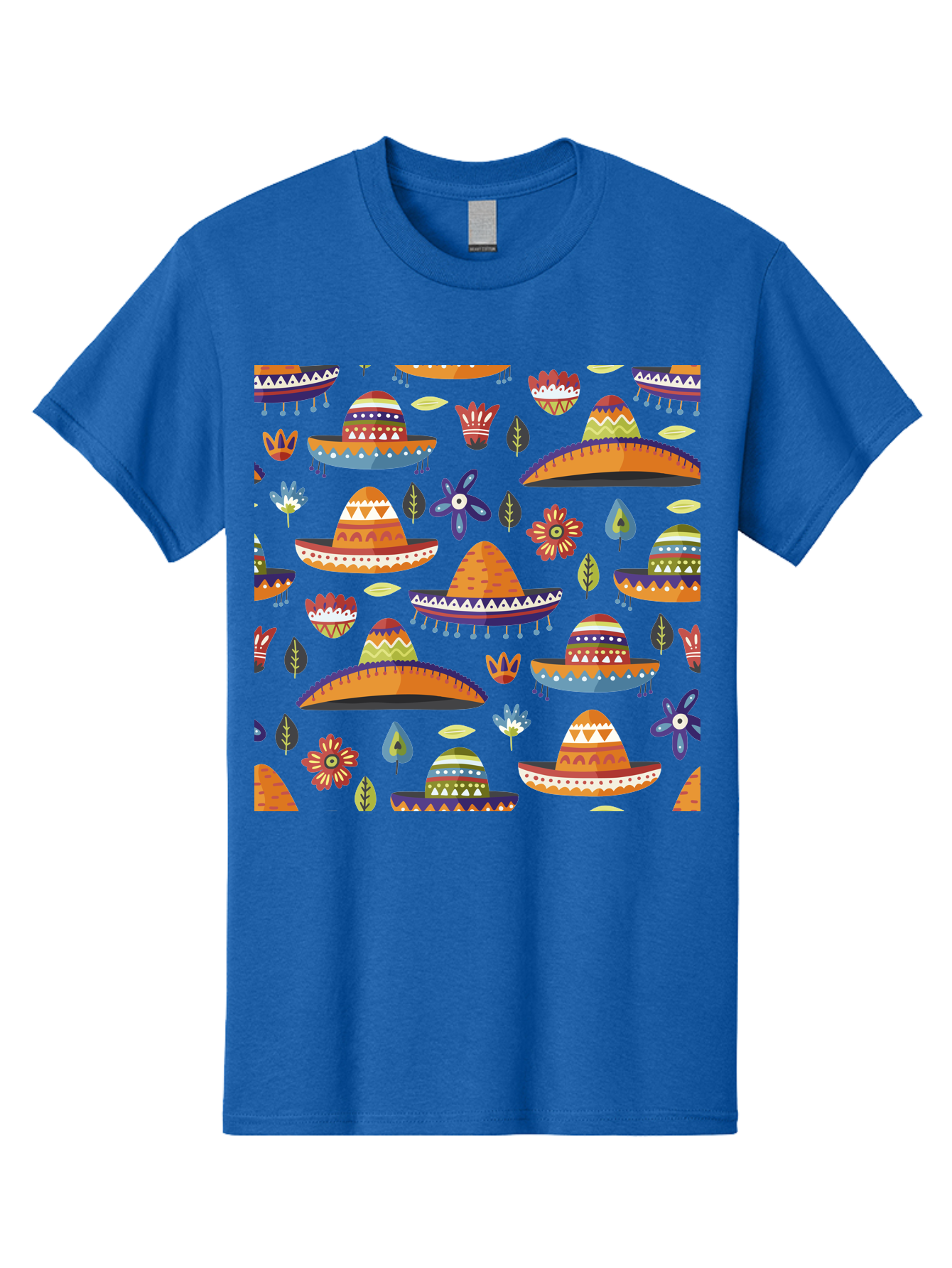 Sombrero-Pattern Men'S Graphic Tee, 100% Cotton, Comfortable Casual Summer Wear, Machine Washable, Colorful Sombreros, Mexican Hats, Floral Patterns, Vibrant Designs, Cultural Heritage, Traditional Attire, Festive Atmosphere, - Aaa297