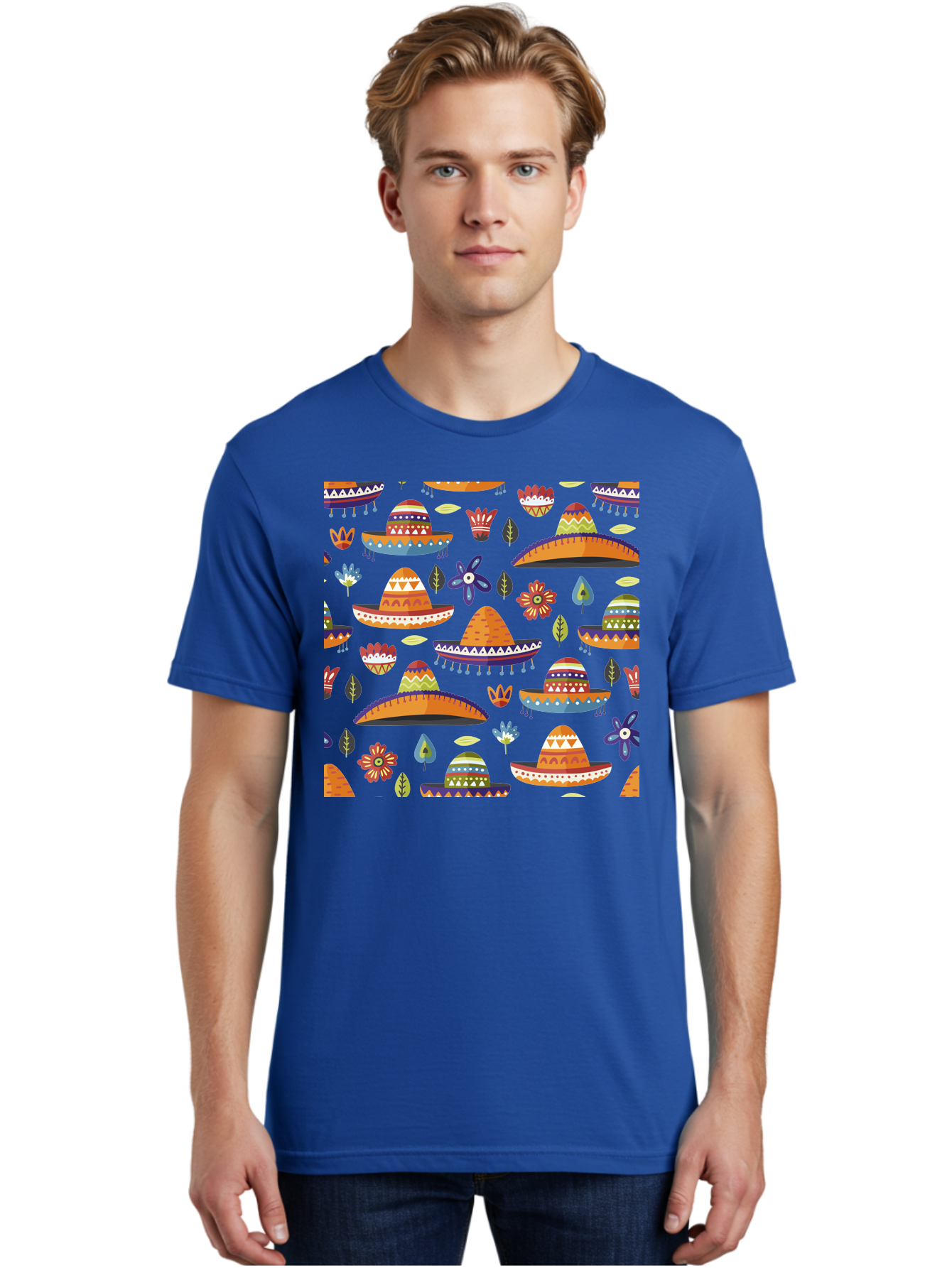 Sombrero-Pattern Men'S Graphic Tee, 100% Cotton, Comfortable Casual Summer Wear, Machine Washable, Colorful Sombreros, Mexican Hats, Floral Patterns, Vibrant Designs, Cultural Heritage, Traditional Attire, Festive Atmosphere, - Aaa297