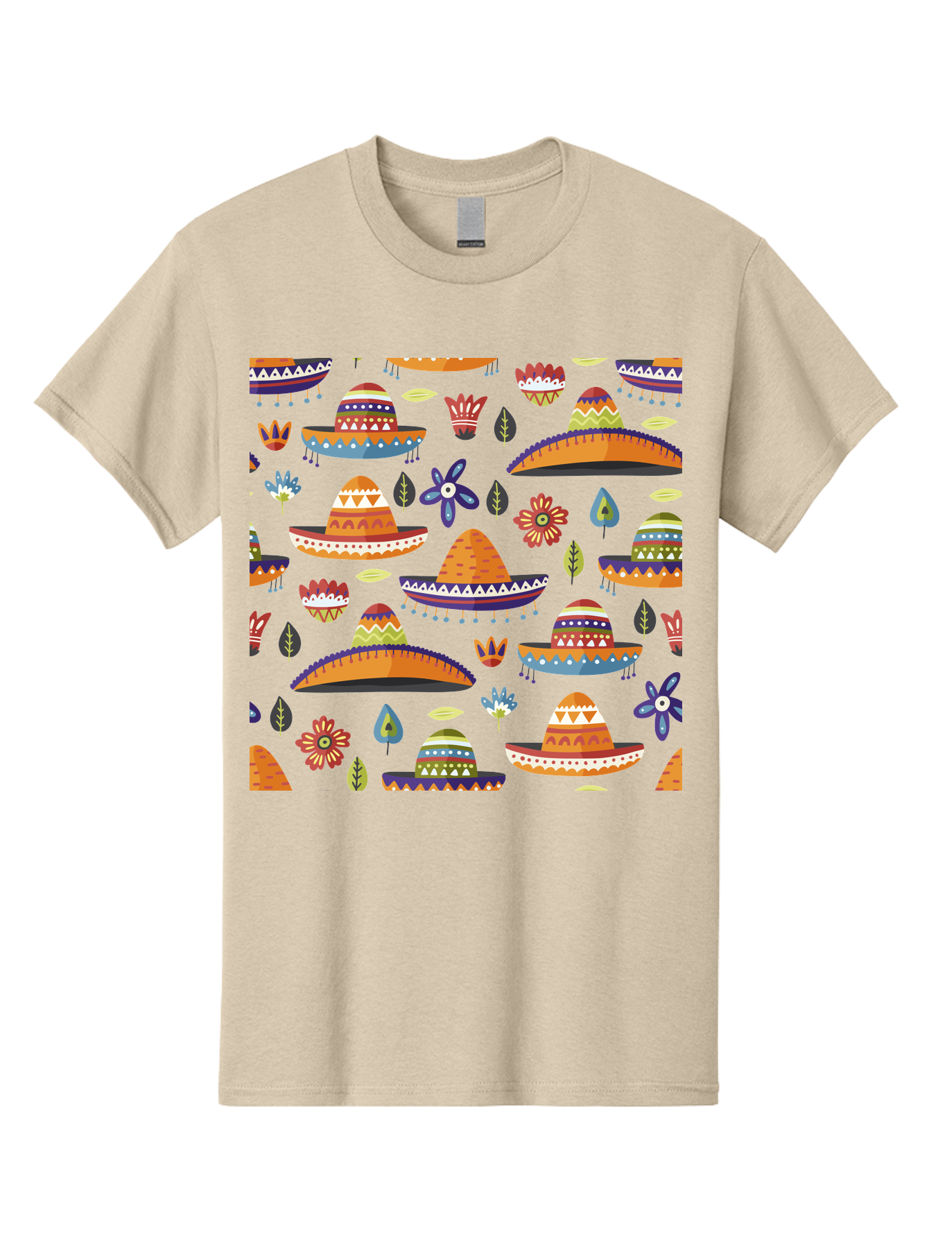 Sombrero-Pattern Men'S Graphic Tee, 100% Cotton, Comfortable Casual Summer Wear, Machine Washable, Colorful Sombreros, Mexican Hats, Floral Patterns, Vibrant Designs, Cultural Heritage, Traditional Attire, Festive Atmosphere, - Aaa297