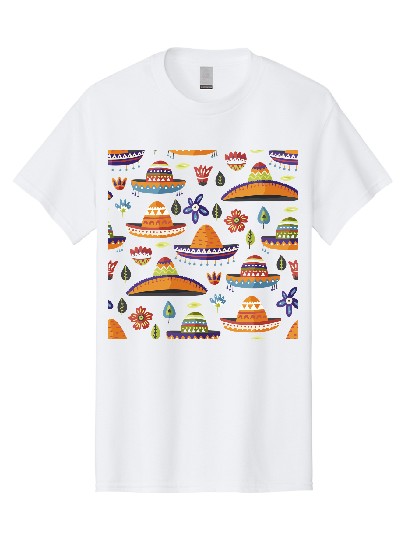 Sombrero-Pattern Men'S Graphic Tee, 100% Cotton, Comfortable Casual Summer Wear, Machine Washable, Colorful Sombreros, Mexican Hats, Floral Patterns, Vibrant Designs, Cultural Heritage, Traditional Attire, Festive Atmosphere, - Aaa297
