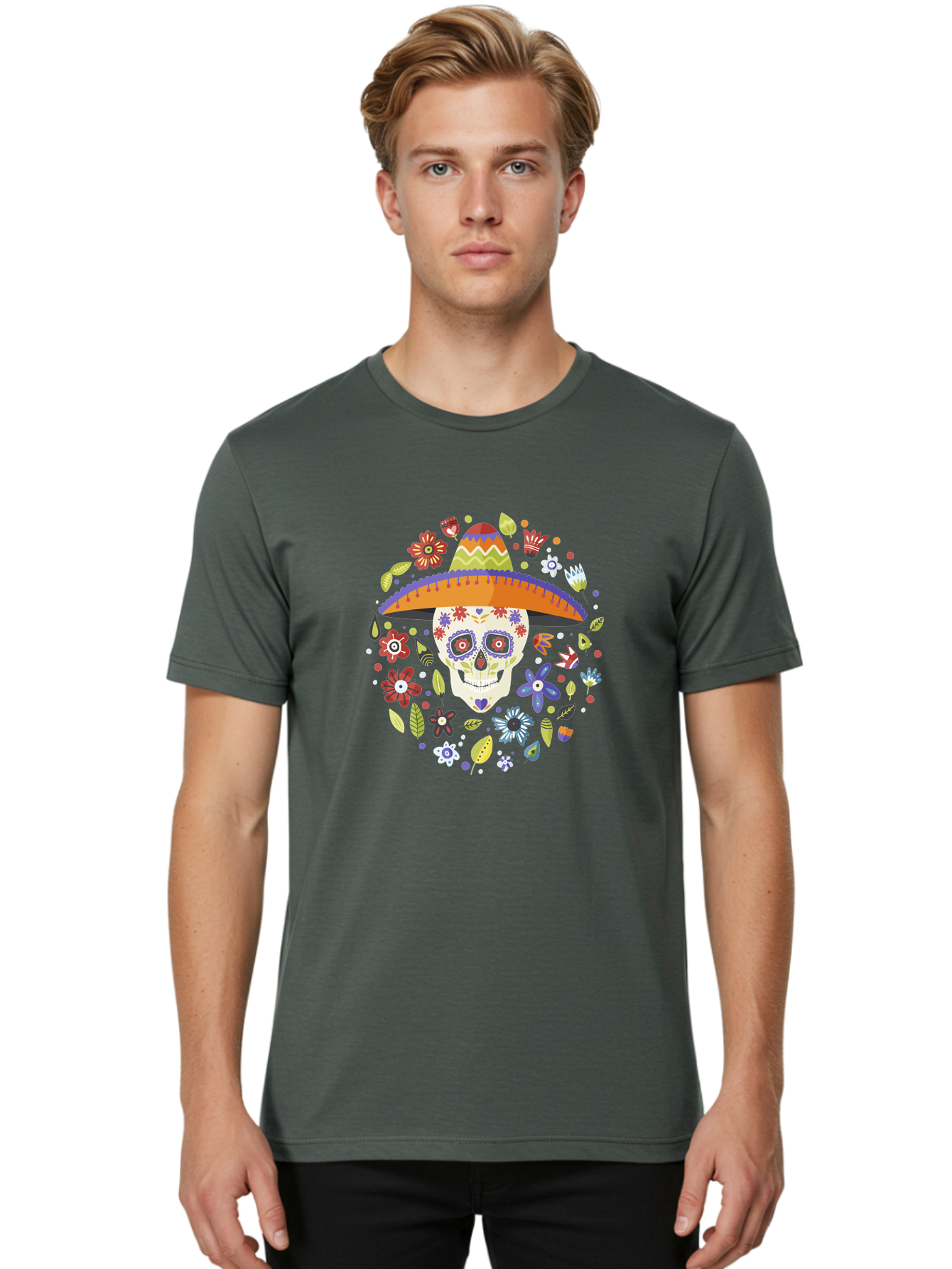 Sugar-Skull-1 Men'S Graphic Tee, 100% Cotton, Comfortable Casual Summer Wear, Machine Washable, Sugar Skull, Dia De Los Muertos, Day Of The Dead, Sombrero, Floral Decorations, Vibrant Colors, Mexican Culture, Festive Atmosphere, - Aaa298