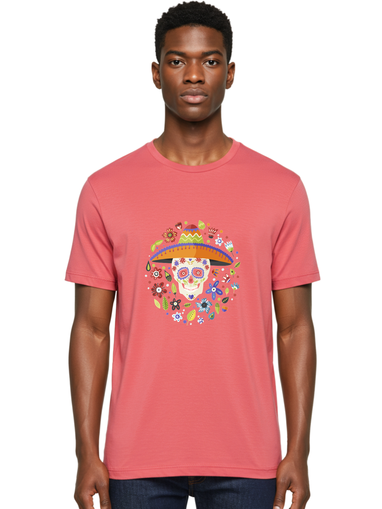 Sugar-Skull-1 Men'S Graphic Tee, 100% Cotton, Comfortable Casual Summer Wear, Machine Washable, Sugar Skull, Dia De Los Muertos, Day Of The Dead, Sombrero, Floral Decorations, Vibrant Colors, Mexican Culture, Festive Atmosphere, - Aaa298