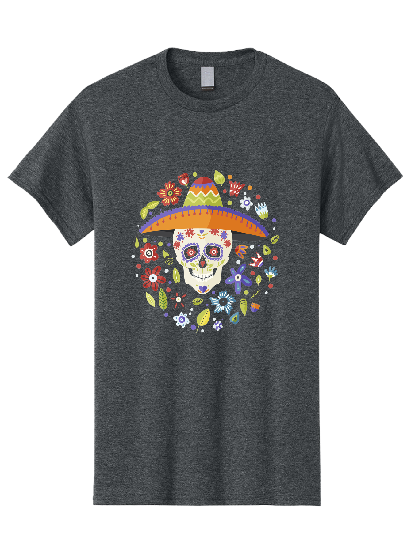 Sugar-Skull-1 Men'S Graphic Tee, 100% Cotton, Comfortable Casual Summer Wear, Machine Washable, Sugar Skull, Dia De Los Muertos, Day Of The Dead, Sombrero, Floral Decorations, Vibrant Colors, Mexican Culture, Festive Atmosphere, - Aaa298