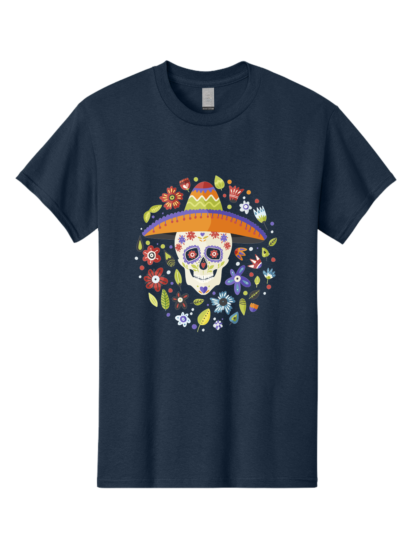 Sugar-Skull-1 Men'S Graphic Tee, 100% Cotton, Comfortable Casual Summer Wear, Machine Washable, Sugar Skull, Dia De Los Muertos, Day Of The Dead, Sombrero, Floral Decorations, Vibrant Colors, Mexican Culture, Festive Atmosphere, - Aaa298