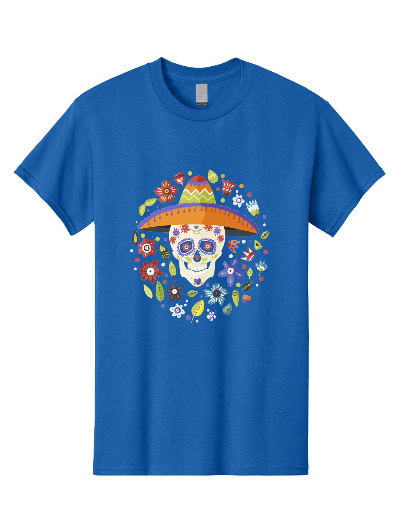 Sugar-Skull-1 Men'S Graphic Tee, 100% Cotton, Comfortable Casual Summer Wear, Machine Washable, Sugar Skull, Dia De Los Muertos, Day Of The Dead, Sombrero, Floral Decorations, Vibrant Colors, Mexican Culture, Festive Atmosphere, - Aaa298