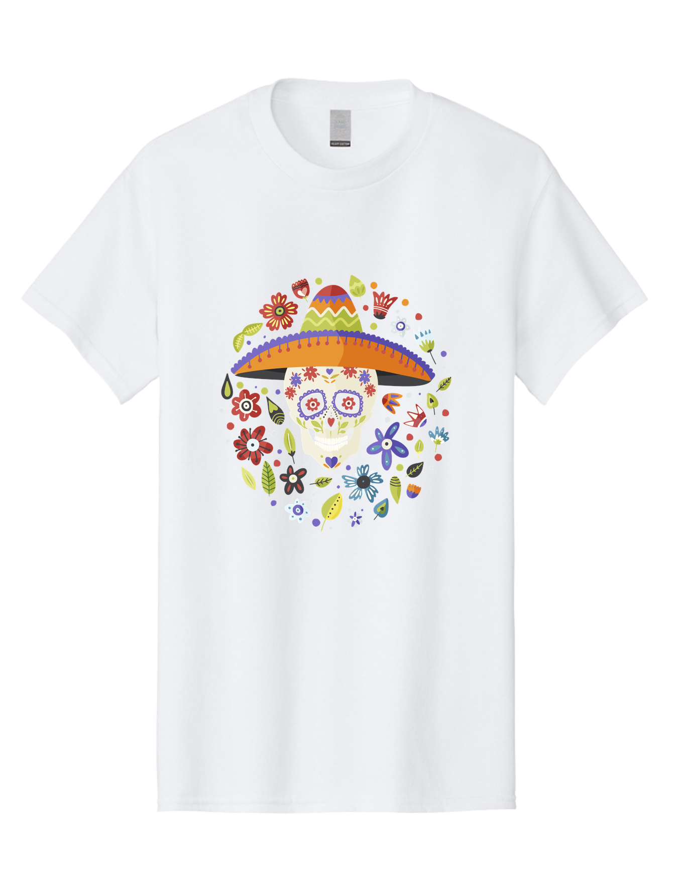 Sugar-Skull-1 Men'S Graphic Tee, 100% Cotton, Comfortable Casual Summer Wear, Machine Washable, Sugar Skull, Dia De Los Muertos, Day Of The Dead, Sombrero, Floral Decorations, Vibrant Colors, Mexican Culture, Festive Atmosphere, - Aaa298