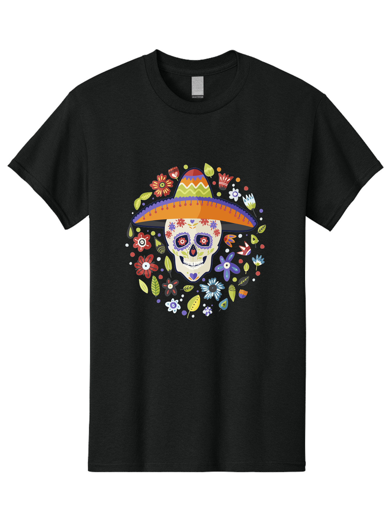 Sugar-Skull Men'S Graphic Tee, 100% Cotton, Comfortable Casual Summer Wear, Machine Washable, Sugar Skull, Day Of The Dead, Dia De Los Muertos, Mexican Culture, Colorful Flowers, Sombrero Hat, Floral Decorations, Vibrant Colors, - Aaa299