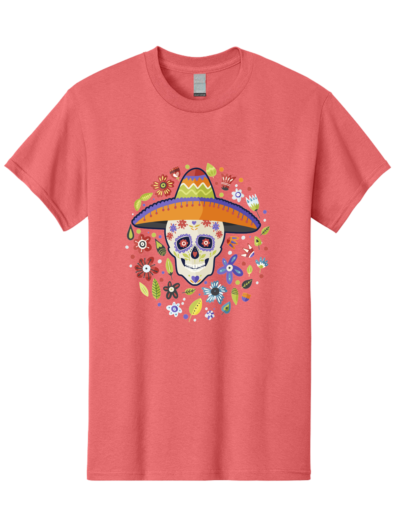 Sugar-Skull Men'S Graphic Tee, 100% Cotton, Comfortable Casual Summer Wear, Machine Washable, Sugar Skull, Day Of The Dead, Dia De Los Muertos, Mexican Culture, Colorful Flowers, Sombrero Hat, Floral Decorations, Vibrant Colors, - Aaa299