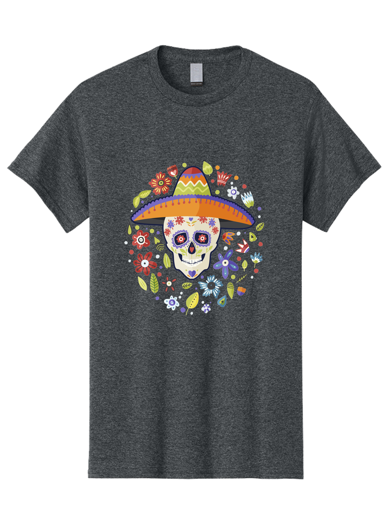 Sugar-Skull Men'S Graphic Tee, 100% Cotton, Comfortable Casual Summer Wear, Machine Washable, Sugar Skull, Day Of The Dead, Dia De Los Muertos, Mexican Culture, Colorful Flowers, Sombrero Hat, Floral Decorations, Vibrant Colors, - Aaa299
