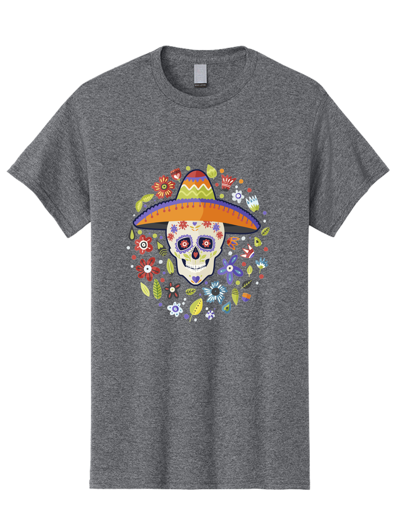 Sugar-Skull Men'S Graphic Tee, 100% Cotton, Comfortable Casual Summer Wear, Machine Washable, Sugar Skull, Day Of The Dead, Dia De Los Muertos, Mexican Culture, Colorful Flowers, Sombrero Hat, Floral Decorations, Vibrant Colors, - Aaa299