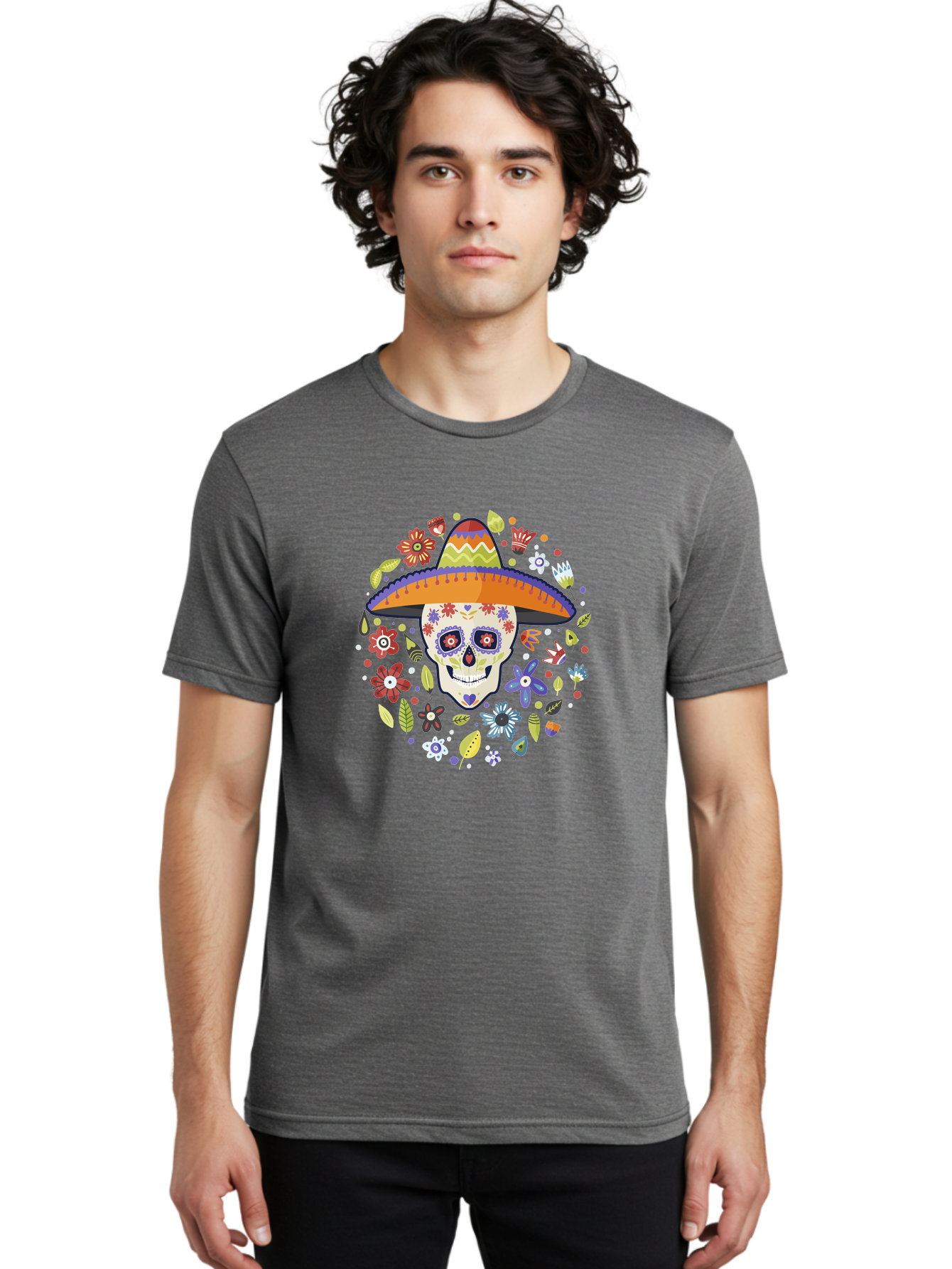 Sugar-Skull Men'S Graphic Tee, 100% Cotton, Comfortable Casual Summer Wear, Machine Washable, Sugar Skull, Day Of The Dead, Dia De Los Muertos, Mexican Culture, Colorful Flowers, Sombrero Hat, Floral Decorations, Vibrant Colors, - Aaa299