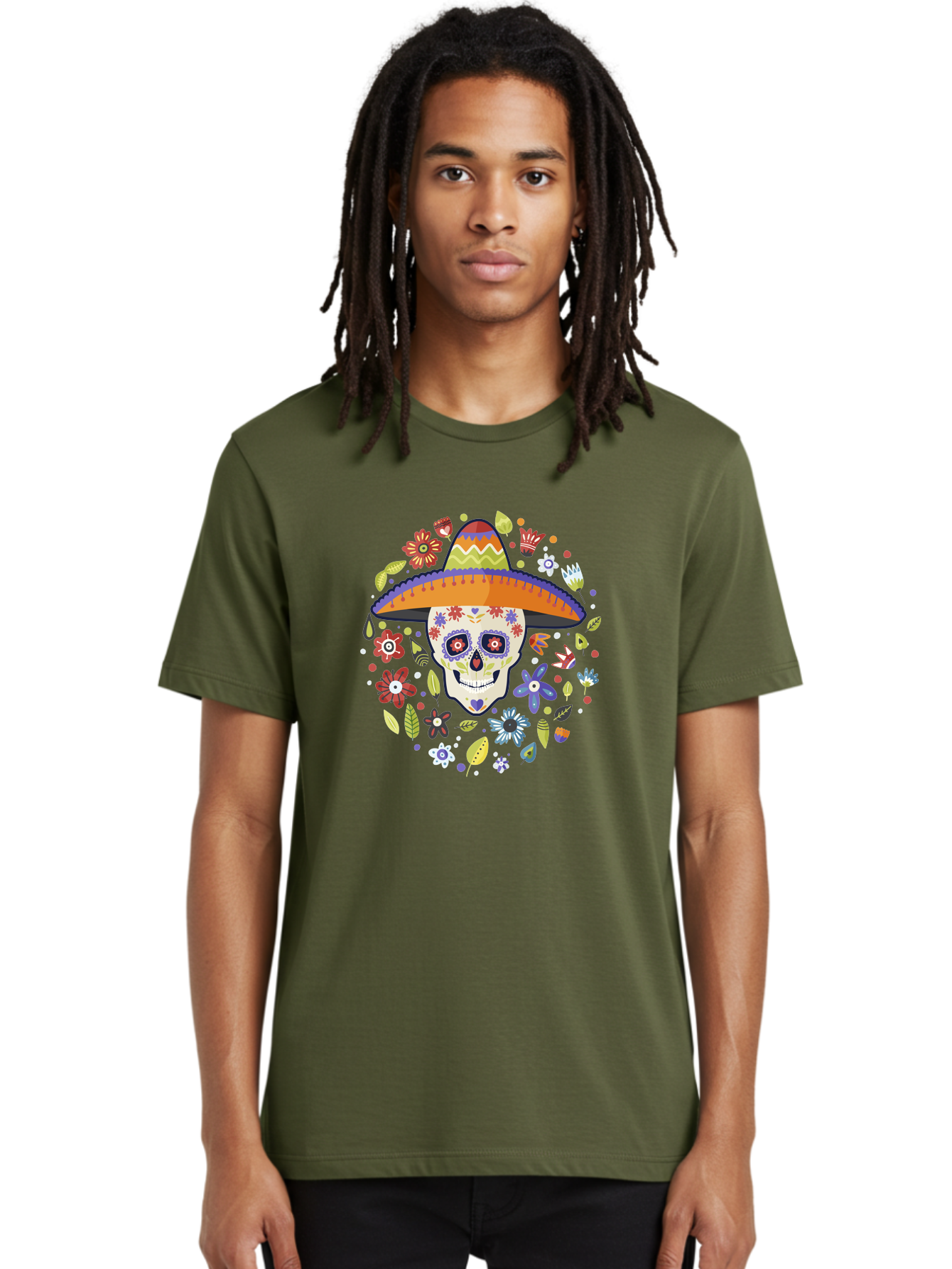 Sugar-Skull Men'S Graphic Tee, 100% Cotton, Comfortable Casual Summer Wear, Machine Washable, Sugar Skull, Day Of The Dead, Dia De Los Muertos, Mexican Culture, Colorful Flowers, Sombrero Hat, Floral Decorations, Vibrant Colors, - Aaa299