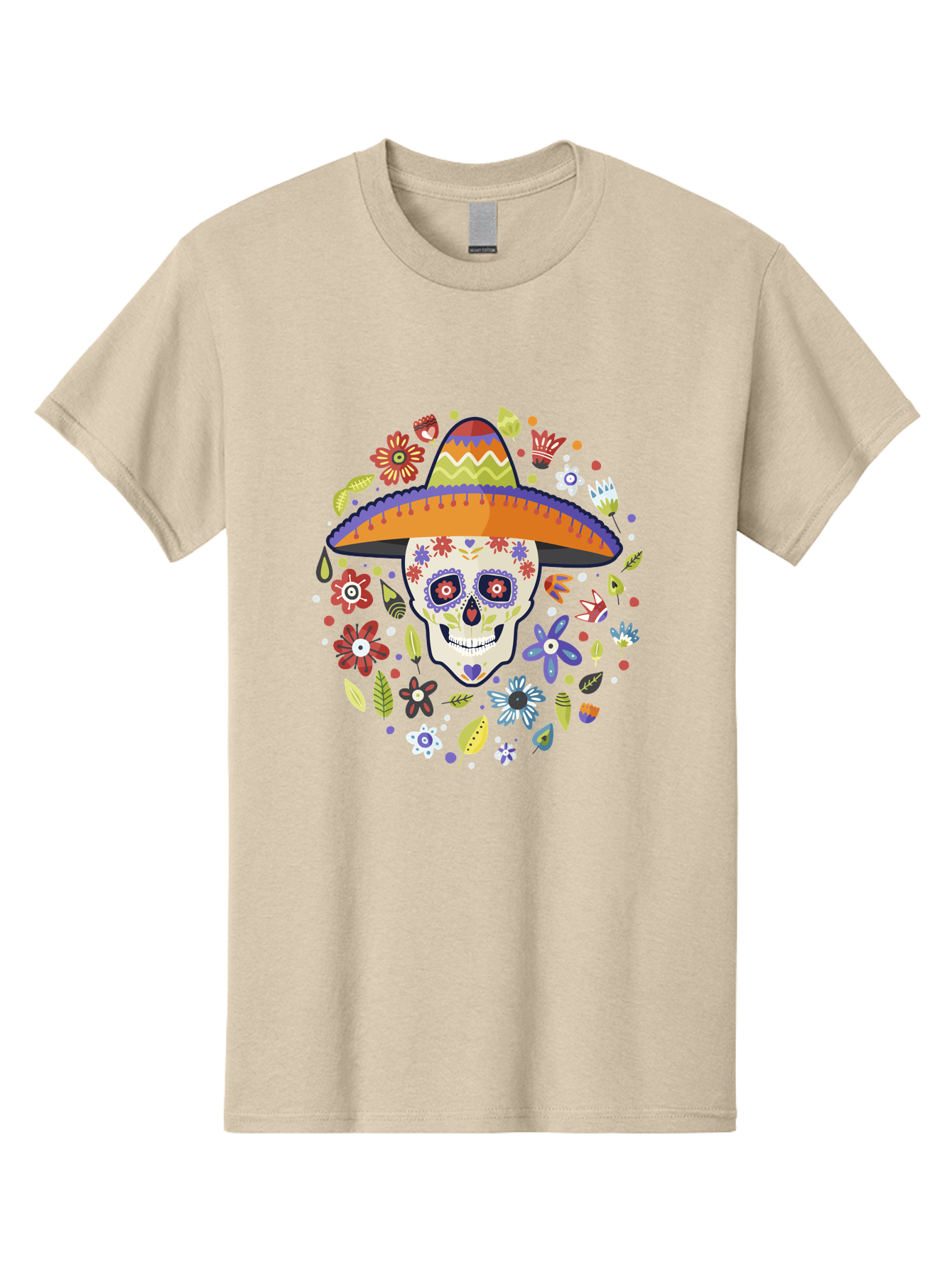 Sugar-Skull Men'S Graphic Tee, 100% Cotton, Comfortable Casual Summer Wear, Machine Washable, Sugar Skull, Day Of The Dead, Dia De Los Muertos, Mexican Culture, Colorful Flowers, Sombrero Hat, Floral Decorations, Vibrant Colors, - Aaa299