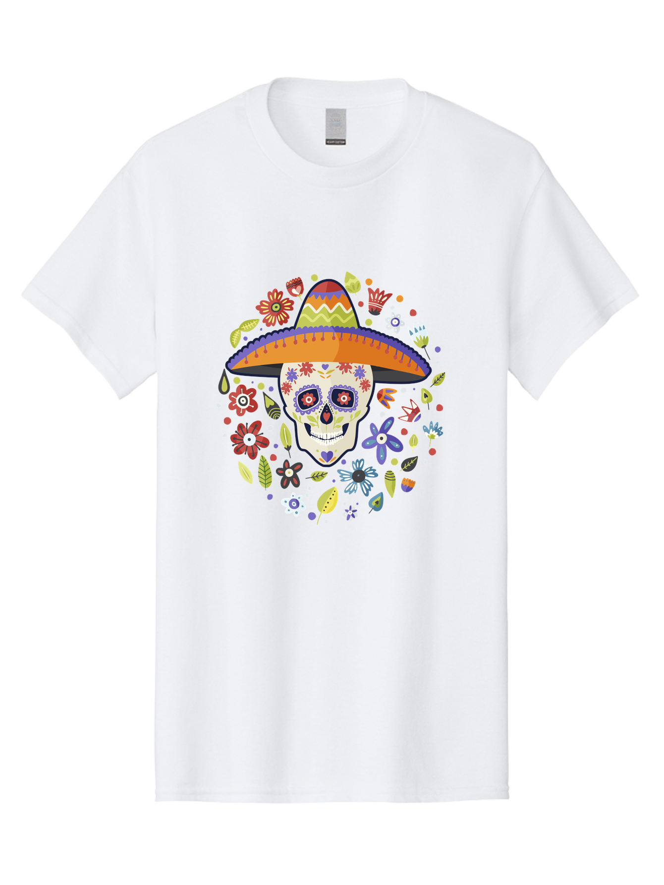 Sugar-Skull Men'S Graphic Tee, 100% Cotton, Comfortable Casual Summer Wear, Machine Washable, Sugar Skull, Day Of The Dead, Dia De Los Muertos, Mexican Culture, Colorful Flowers, Sombrero Hat, Floral Decorations, Vibrant Colors, - Aaa299