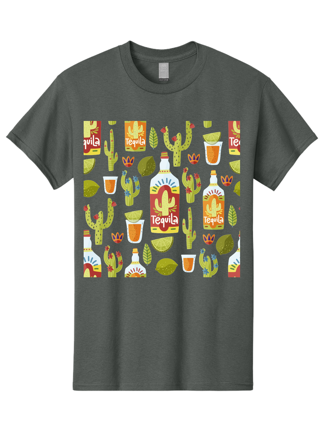 Tequila Men'S Graphic Tee, 100% Cotton, Comfortable Casual Summer Wear, Machine Washable, Tequila Bottles, Cacti Plants, Citrus Fruits, Margarita Glasses, Mexican Drinks, Festive Patterns, Vibrant Designs, Party Themes, - Aaa304