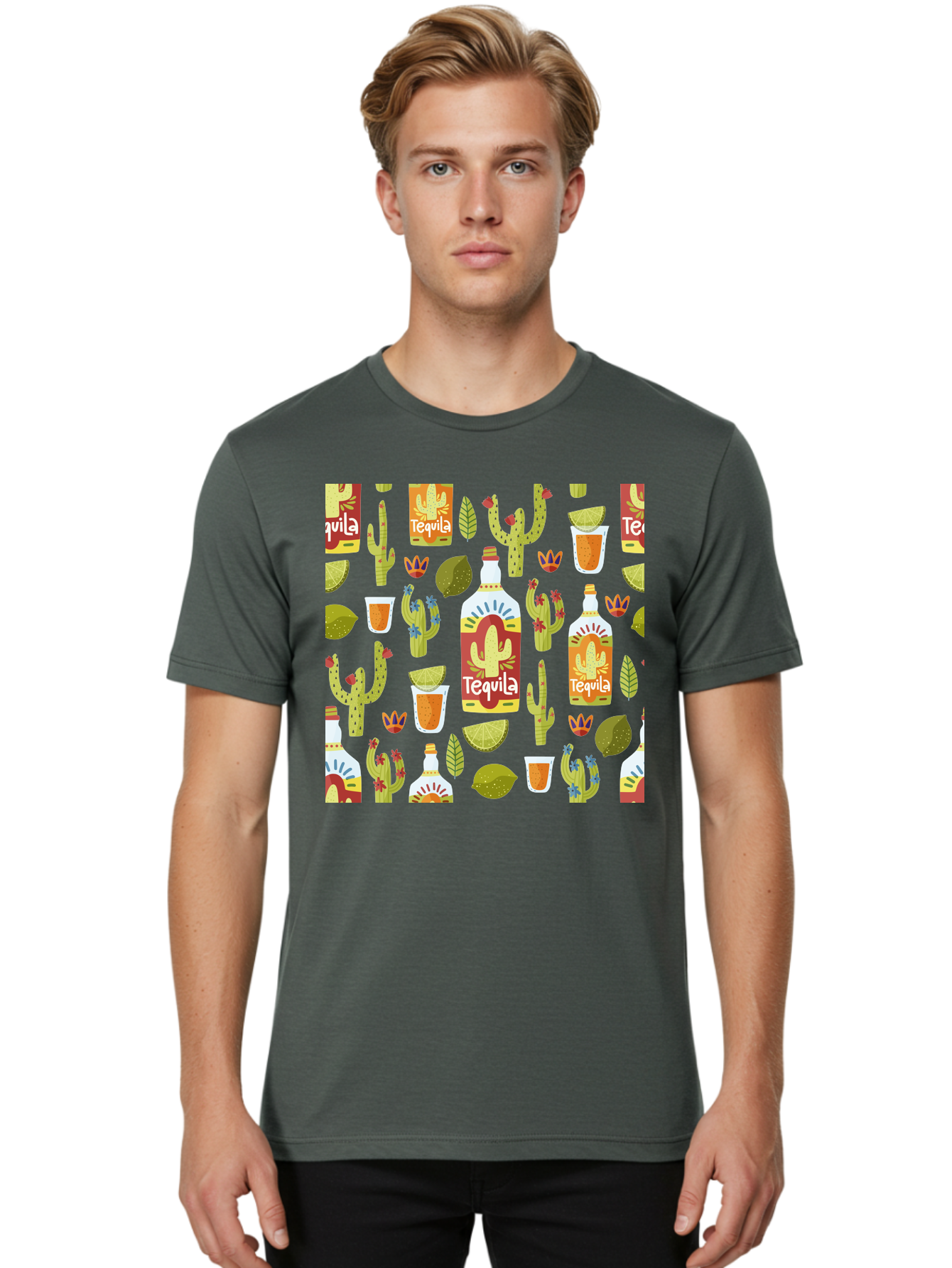 Tequila Men'S Graphic Tee, 100% Cotton, Comfortable Casual Summer Wear, Machine Washable, Tequila Bottles, Cacti Plants, Citrus Fruits, Margarita Glasses, Mexican Drinks, Festive Patterns, Vibrant Designs, Party Themes, - Aaa304