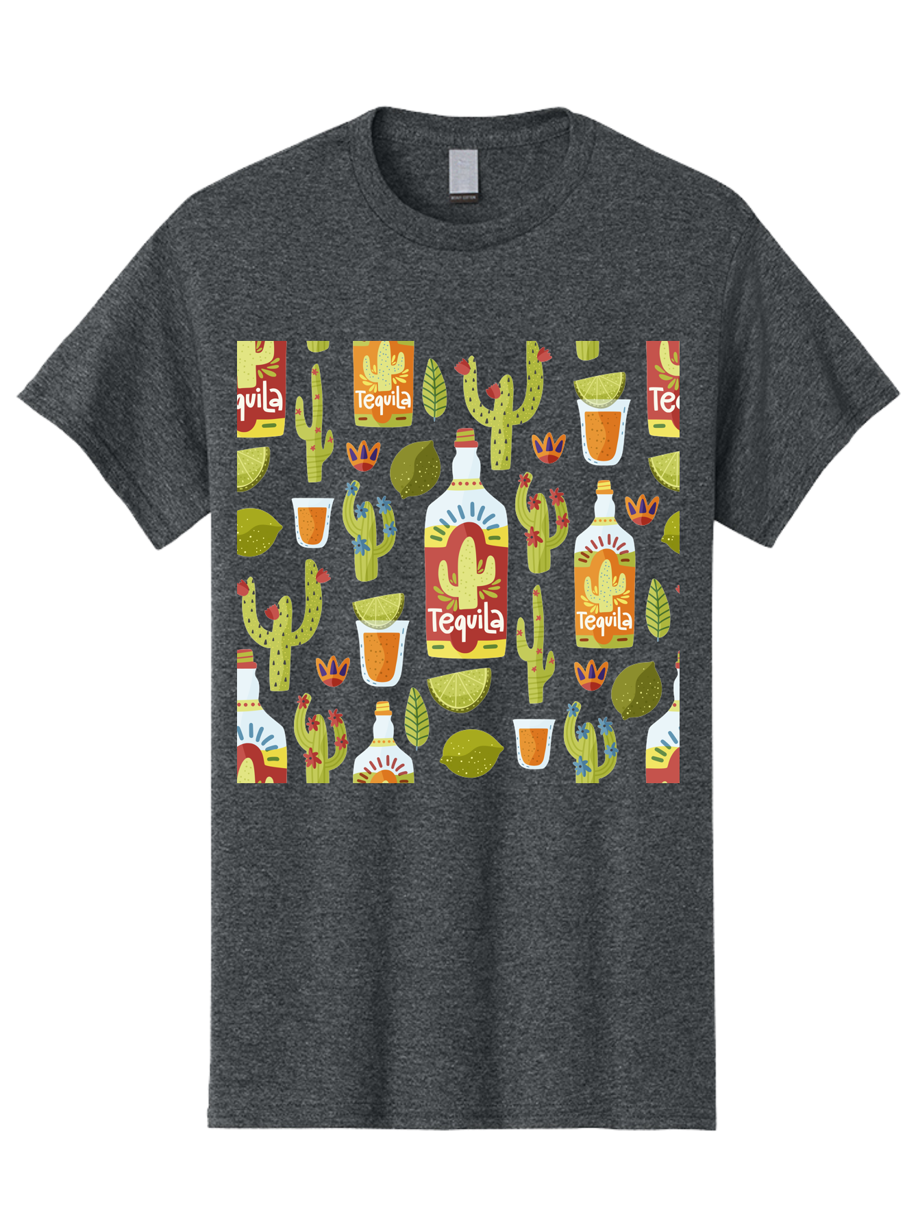 Tequila Men'S Graphic Tee, 100% Cotton, Comfortable Casual Summer Wear, Machine Washable, Tequila Bottles, Cacti Plants, Citrus Fruits, Margarita Glasses, Mexican Drinks, Festive Patterns, Vibrant Designs, Party Themes, - Aaa304