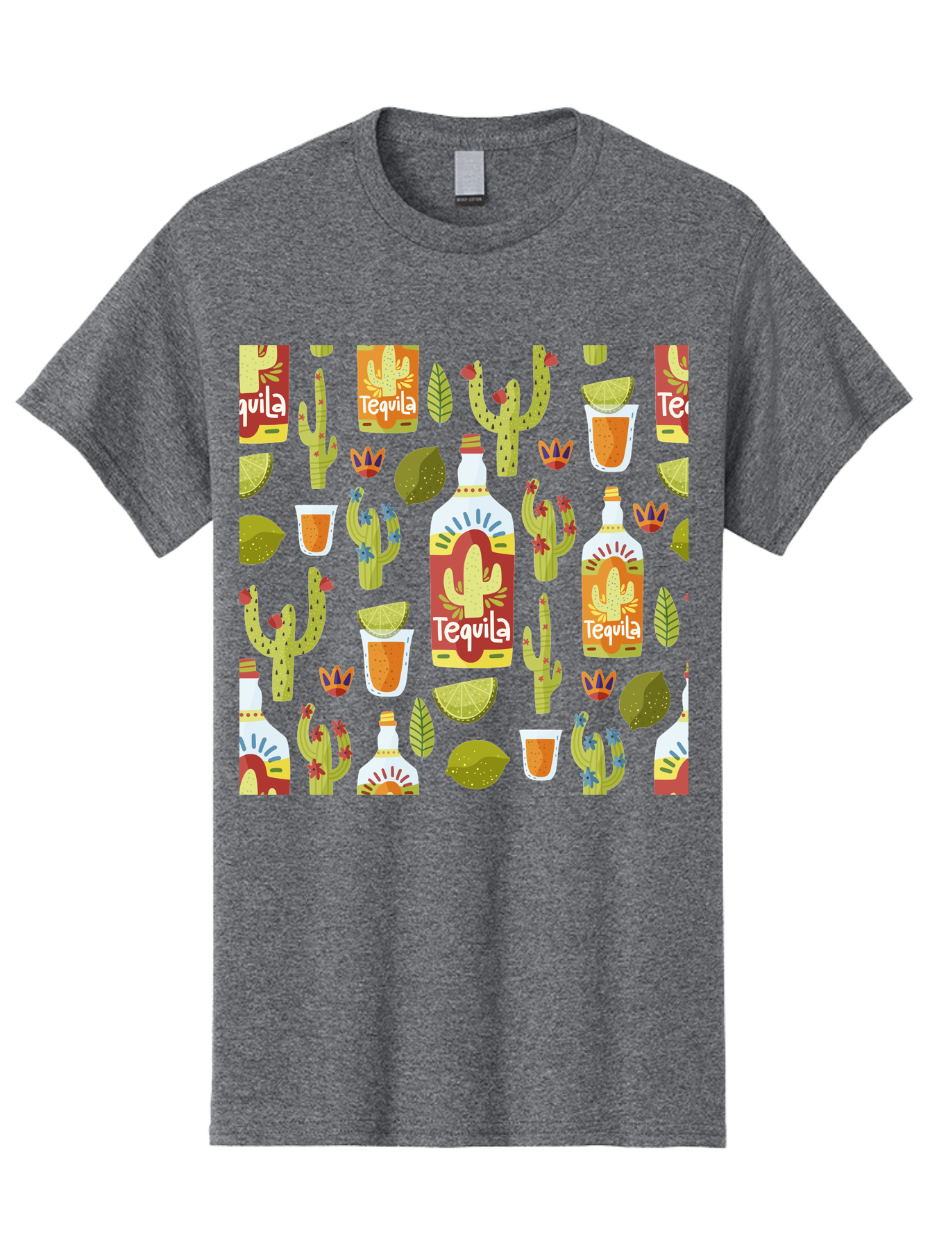 Tequila Men'S Graphic Tee, 100% Cotton, Comfortable Casual Summer Wear, Machine Washable, Tequila Bottles, Cacti Plants, Citrus Fruits, Margarita Glasses, Mexican Drinks, Festive Patterns, Vibrant Designs, Party Themes, - Aaa304