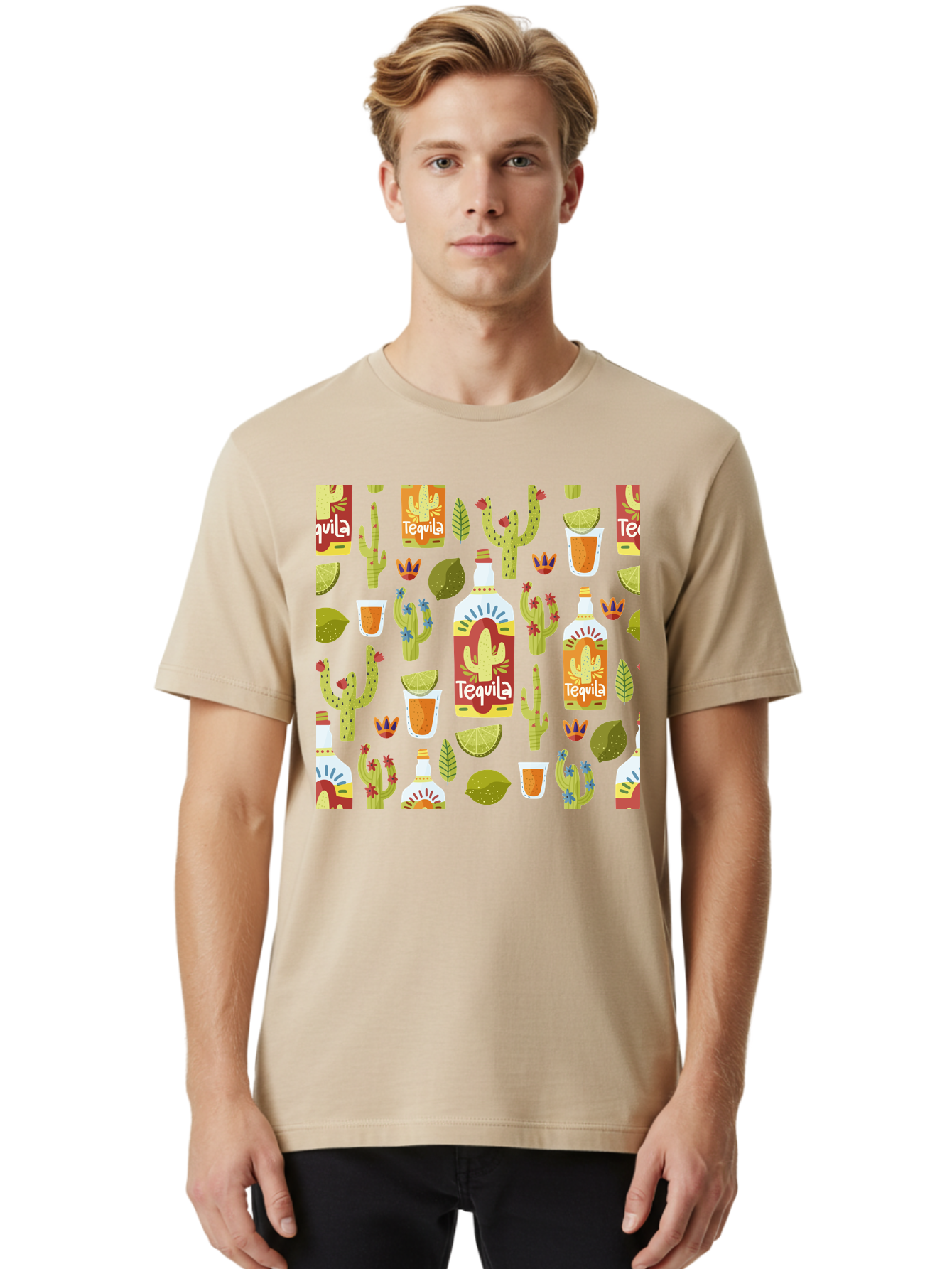 Tequila Men'S Graphic Tee, 100% Cotton, Comfortable Casual Summer Wear, Machine Washable, Tequila Bottles, Cacti Plants, Citrus Fruits, Margarita Glasses, Mexican Drinks, Festive Patterns, Vibrant Designs, Party Themes, - Aaa304