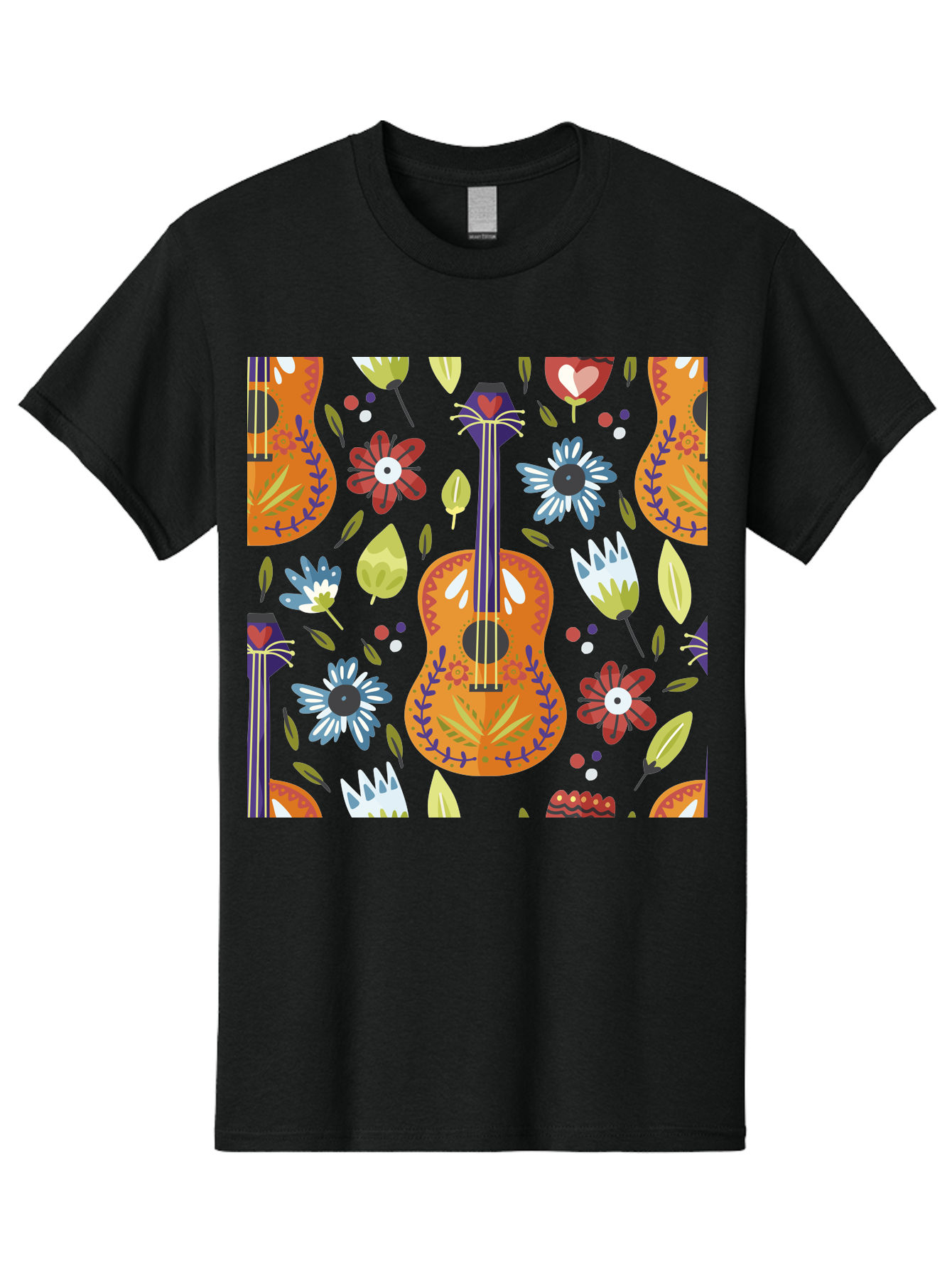 Ukulele-Floral-Pattern Men'S Graphic Tee, 100% Cotton, Comfortable Casual Summer Wear, Machine Washable, Ukulele, Floral Pattern, Flowers, Leaves, Hearts, Musical Instrument, Whimsical Design, Vibrant Colors, Playful Motifs, - Aaa305