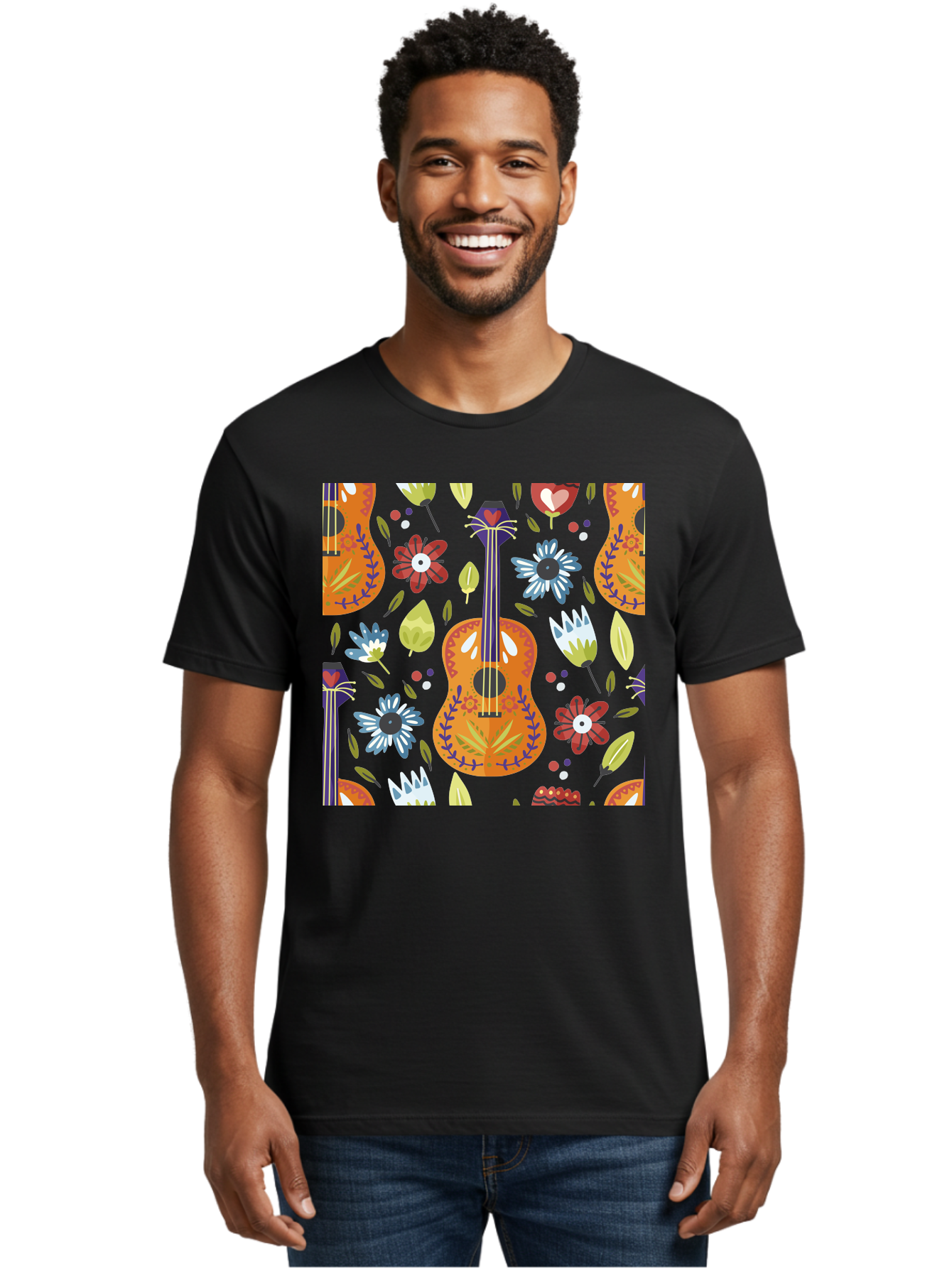 Ukulele-Floral-Pattern Men'S Graphic Tee, 100% Cotton, Comfortable Casual Summer Wear, Machine Washable, Ukulele, Floral Pattern, Flowers, Leaves, Hearts, Musical Instrument, Whimsical Design, Vibrant Colors, Playful Motifs, - Aaa305