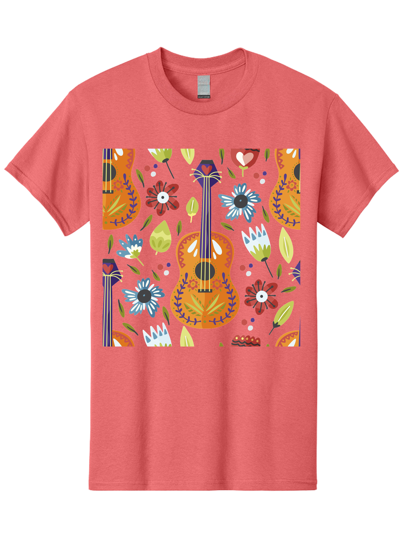 Ukulele-Floral-Pattern Men'S Graphic Tee, 100% Cotton, Comfortable Casual Summer Wear, Machine Washable, Ukulele, Floral Pattern, Flowers, Leaves, Hearts, Musical Instrument, Whimsical Design, Vibrant Colors, Playful Motifs, - Aaa305