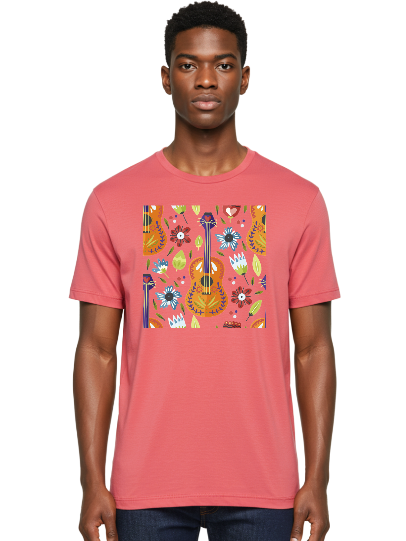 Ukulele-Floral-Pattern Men'S Graphic Tee, 100% Cotton, Comfortable Casual Summer Wear, Machine Washable, Ukulele, Floral Pattern, Flowers, Leaves, Hearts, Musical Instrument, Whimsical Design, Vibrant Colors, Playful Motifs, - Aaa305