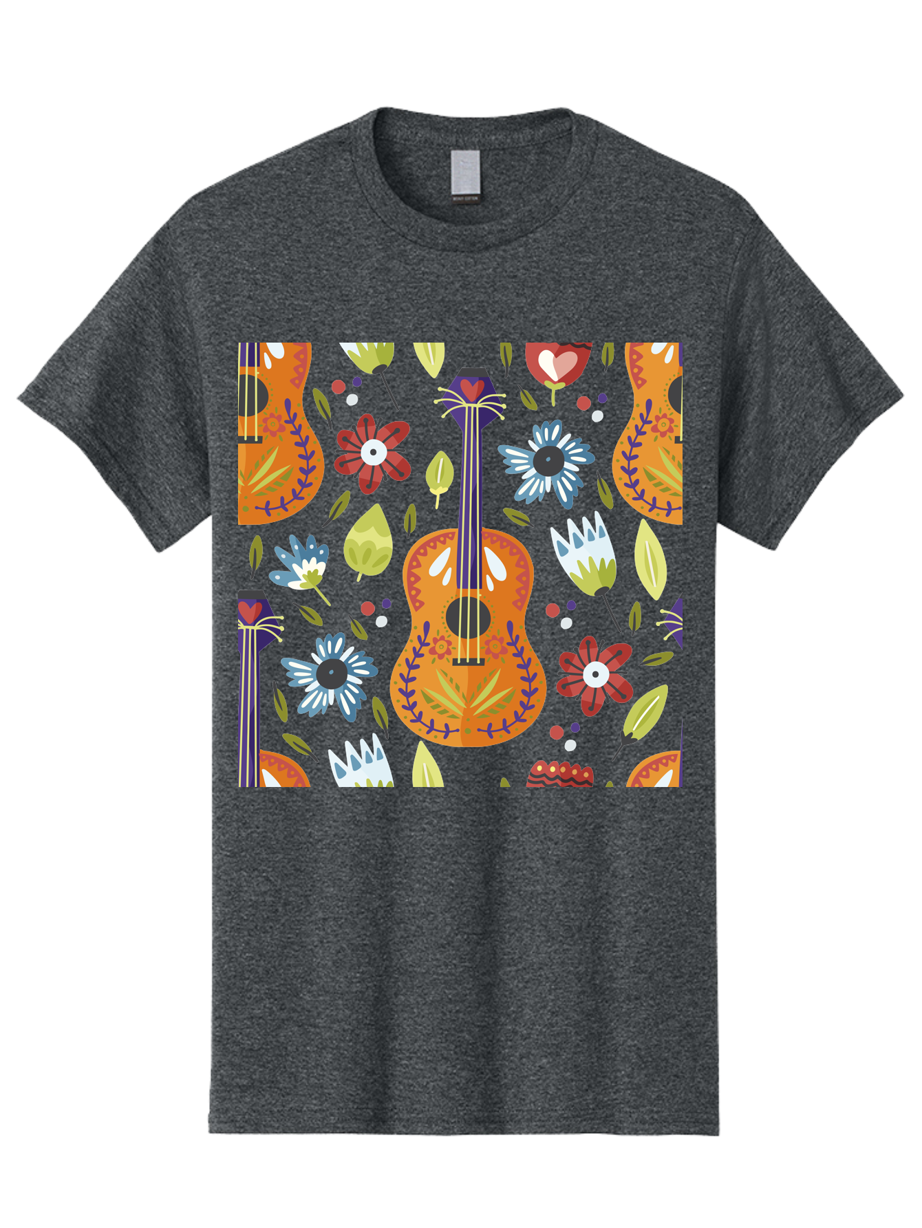 Ukulele-Floral-Pattern Men'S Graphic Tee, 100% Cotton, Comfortable Casual Summer Wear, Machine Washable, Ukulele, Floral Pattern, Flowers, Leaves, Hearts, Musical Instrument, Whimsical Design, Vibrant Colors, Playful Motifs, - Aaa305