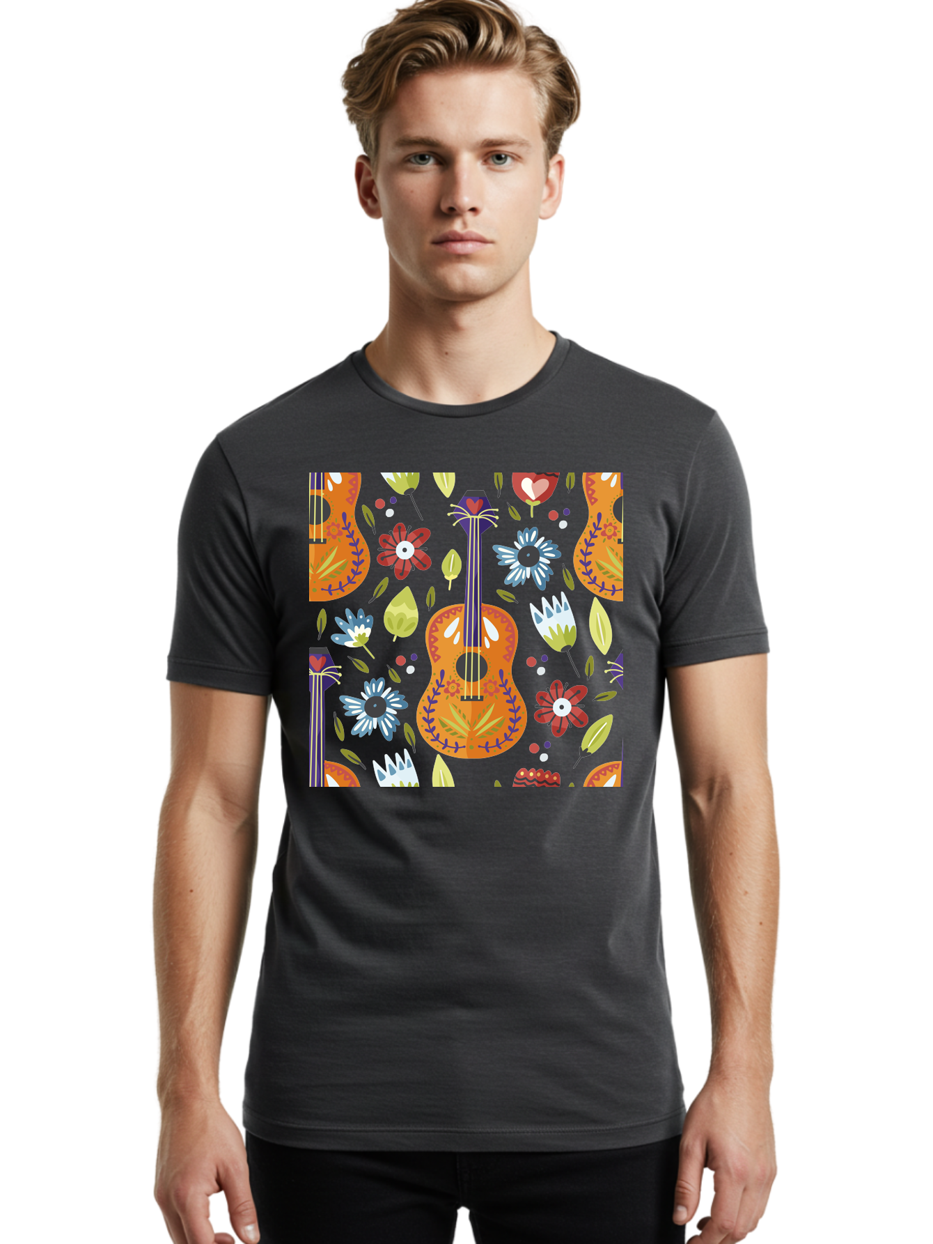 Ukulele-Floral-Pattern Men'S Graphic Tee, 100% Cotton, Comfortable Casual Summer Wear, Machine Washable, Ukulele, Floral Pattern, Flowers, Leaves, Hearts, Musical Instrument, Whimsical Design, Vibrant Colors, Playful Motifs, - Aaa305