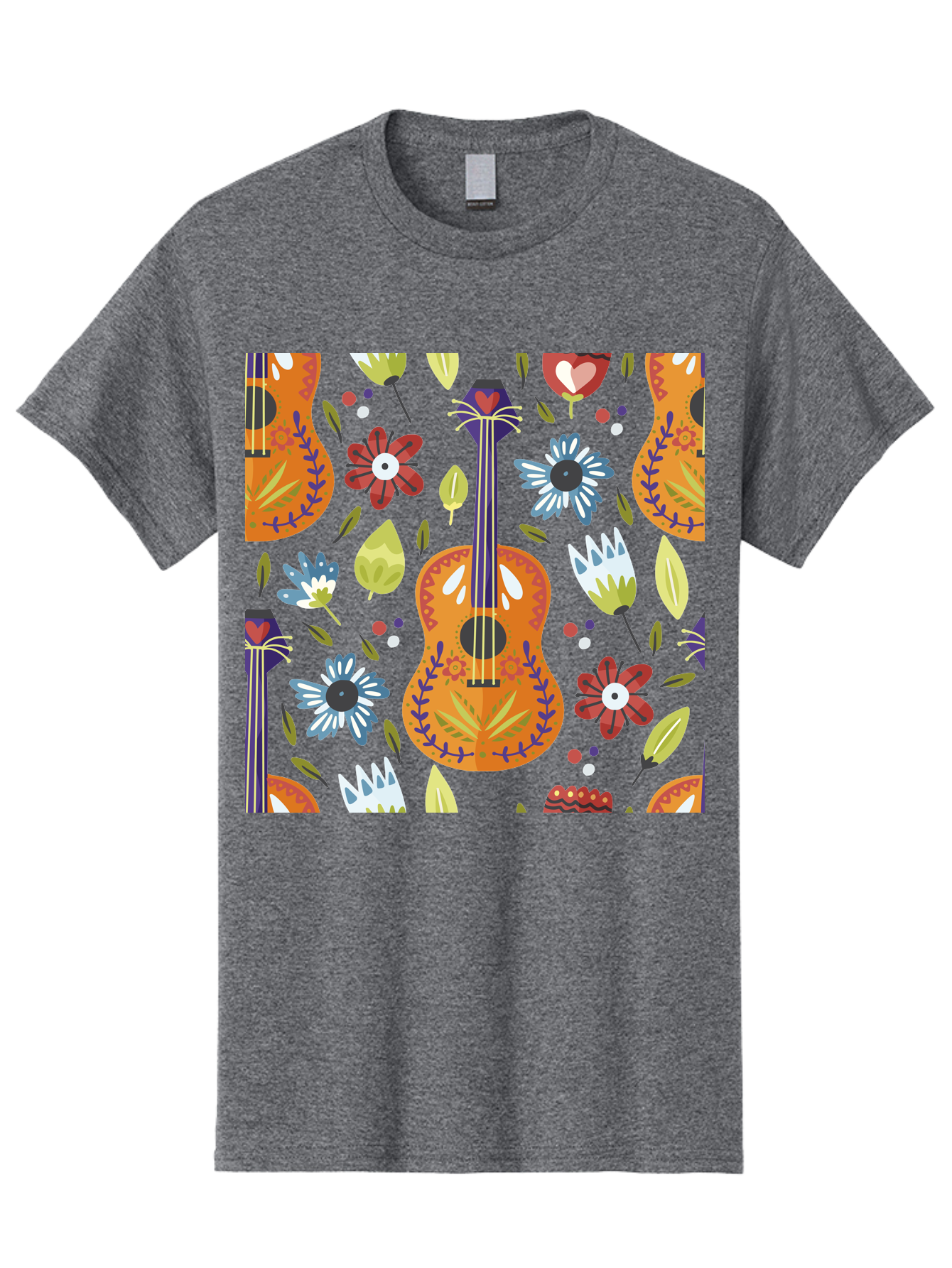 Ukulele-Floral-Pattern Men'S Graphic Tee, 100% Cotton, Comfortable Casual Summer Wear, Machine Washable, Ukulele, Floral Pattern, Flowers, Leaves, Hearts, Musical Instrument, Whimsical Design, Vibrant Colors, Playful Motifs, - Aaa305