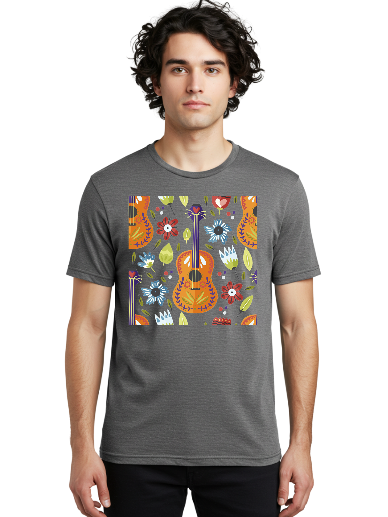 Ukulele-Floral-Pattern Men'S Graphic Tee, 100% Cotton, Comfortable Casual Summer Wear, Machine Washable, Ukulele, Floral Pattern, Flowers, Leaves, Hearts, Musical Instrument, Whimsical Design, Vibrant Colors, Playful Motifs, - Aaa305