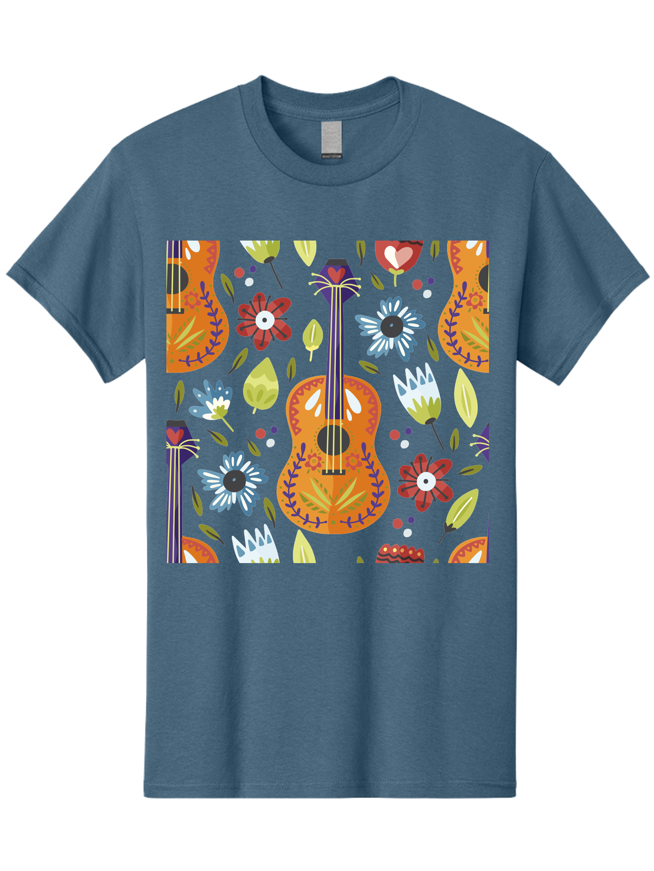 Ukulele-Floral-Pattern Men'S Graphic Tee, 100% Cotton, Comfortable Casual Summer Wear, Machine Washable, Ukulele, Floral Pattern, Flowers, Leaves, Hearts, Musical Instrument, Whimsical Design, Vibrant Colors, Playful Motifs, - Aaa305