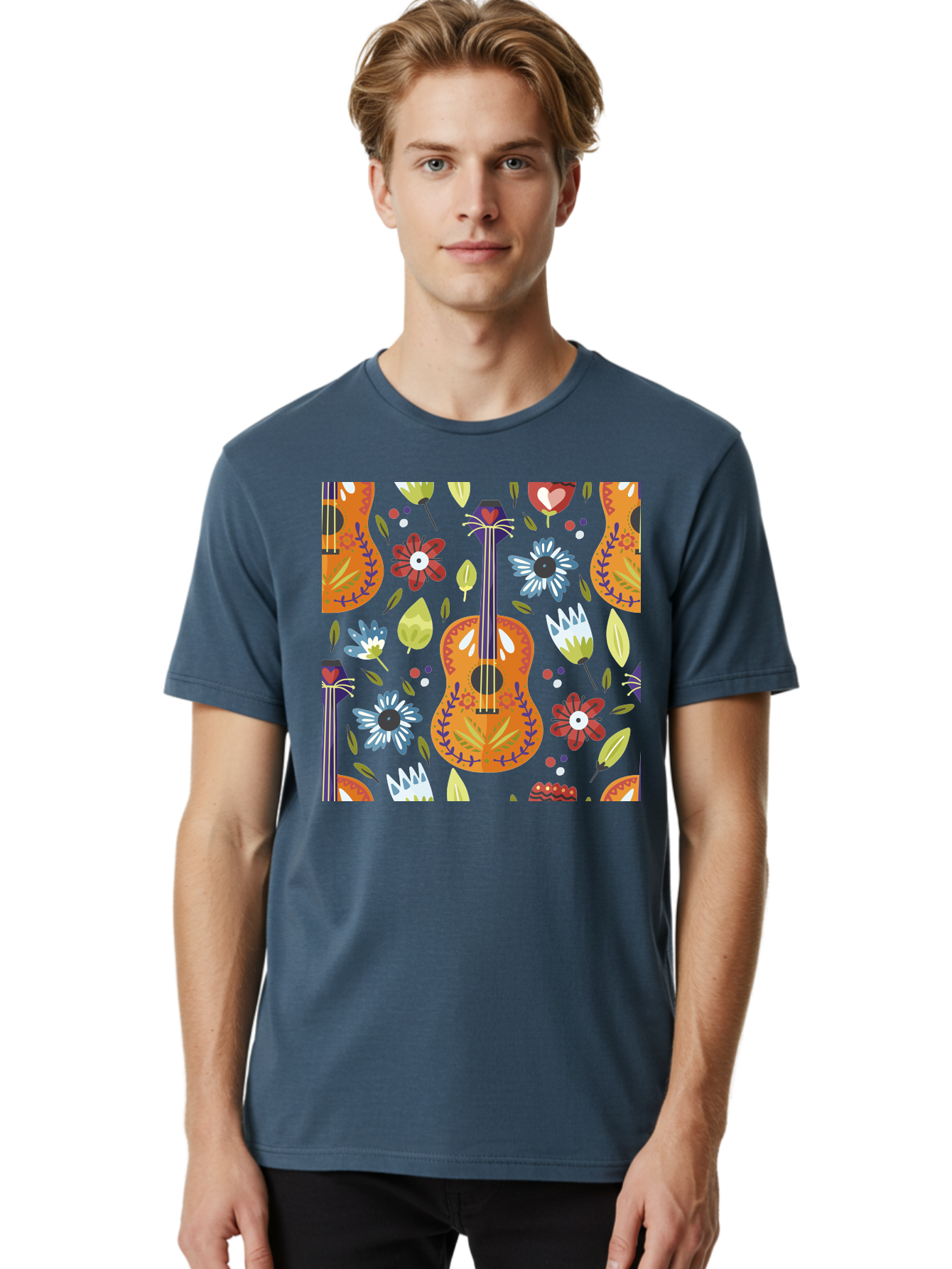 Ukulele-Floral-Pattern Men'S Graphic Tee, 100% Cotton, Comfortable Casual Summer Wear, Machine Washable, Ukulele, Floral Pattern, Flowers, Leaves, Hearts, Musical Instrument, Whimsical Design, Vibrant Colors, Playful Motifs, - Aaa305