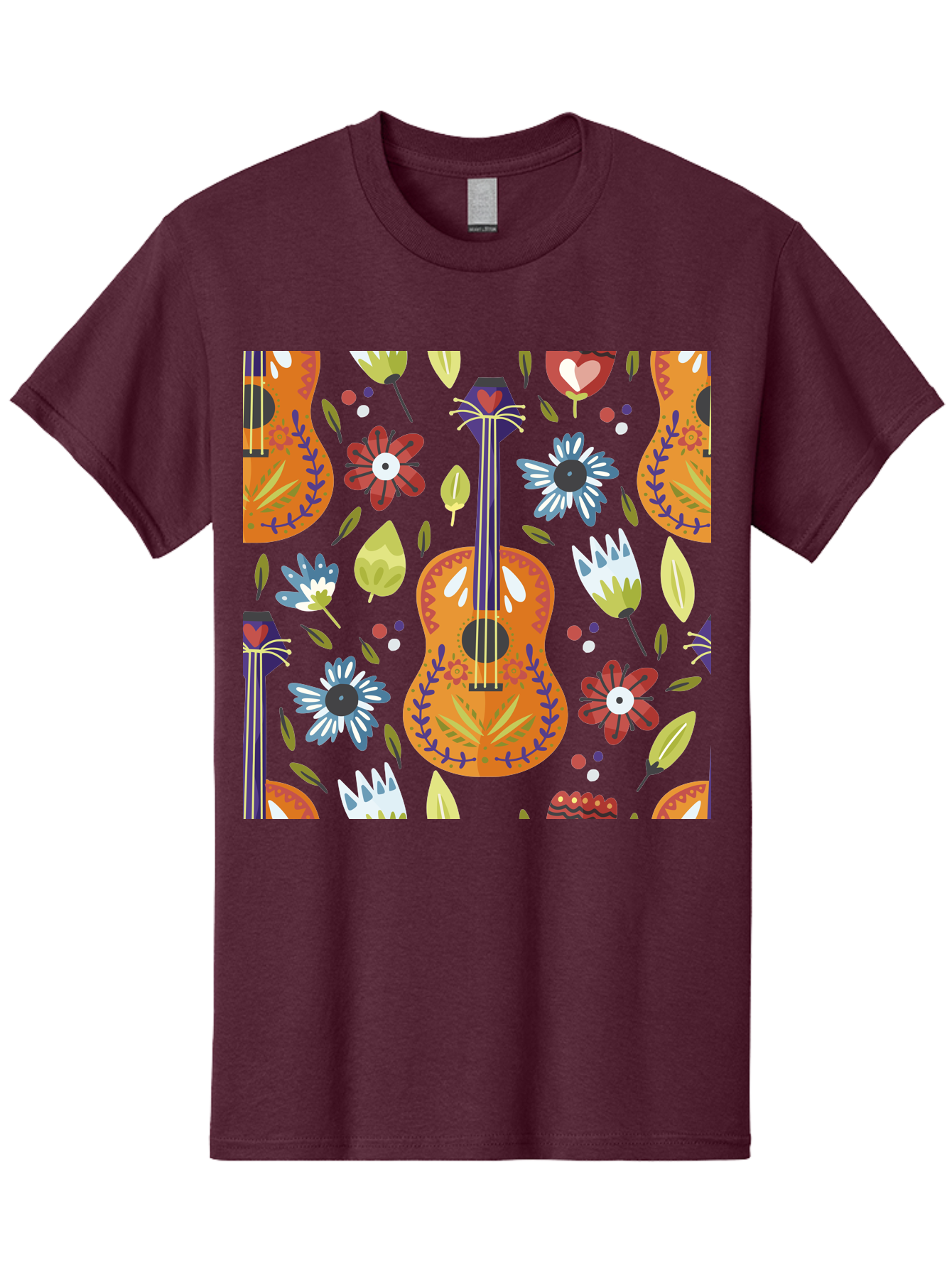 Ukulele-Floral-Pattern Men'S Graphic Tee, 100% Cotton, Comfortable Casual Summer Wear, Machine Washable, Ukulele, Floral Pattern, Flowers, Leaves, Hearts, Musical Instrument, Whimsical Design, Vibrant Colors, Playful Motifs, - Aaa305