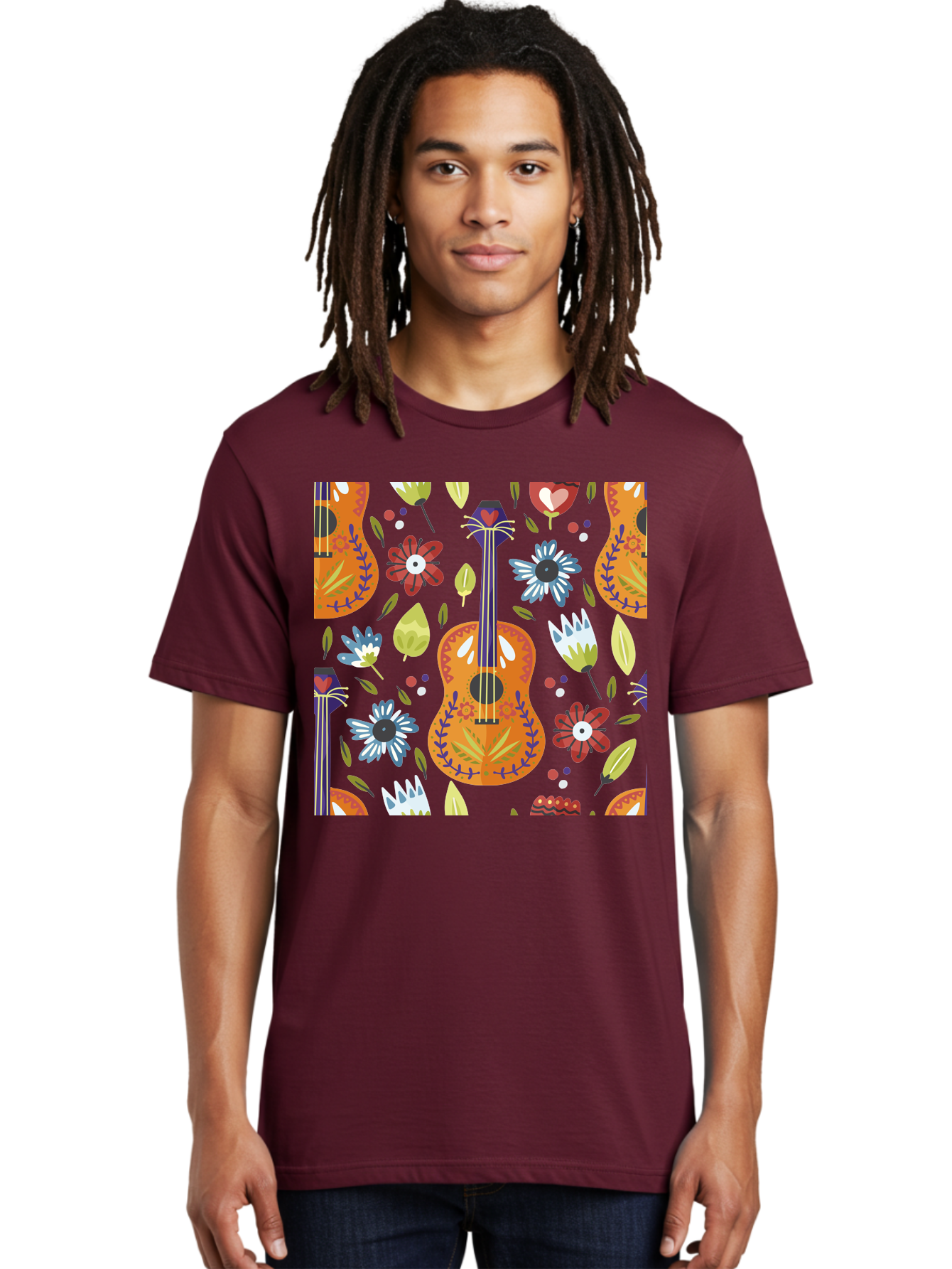 Ukulele-Floral-Pattern Men'S Graphic Tee, 100% Cotton, Comfortable Casual Summer Wear, Machine Washable, Ukulele, Floral Pattern, Flowers, Leaves, Hearts, Musical Instrument, Whimsical Design, Vibrant Colors, Playful Motifs, - Aaa305