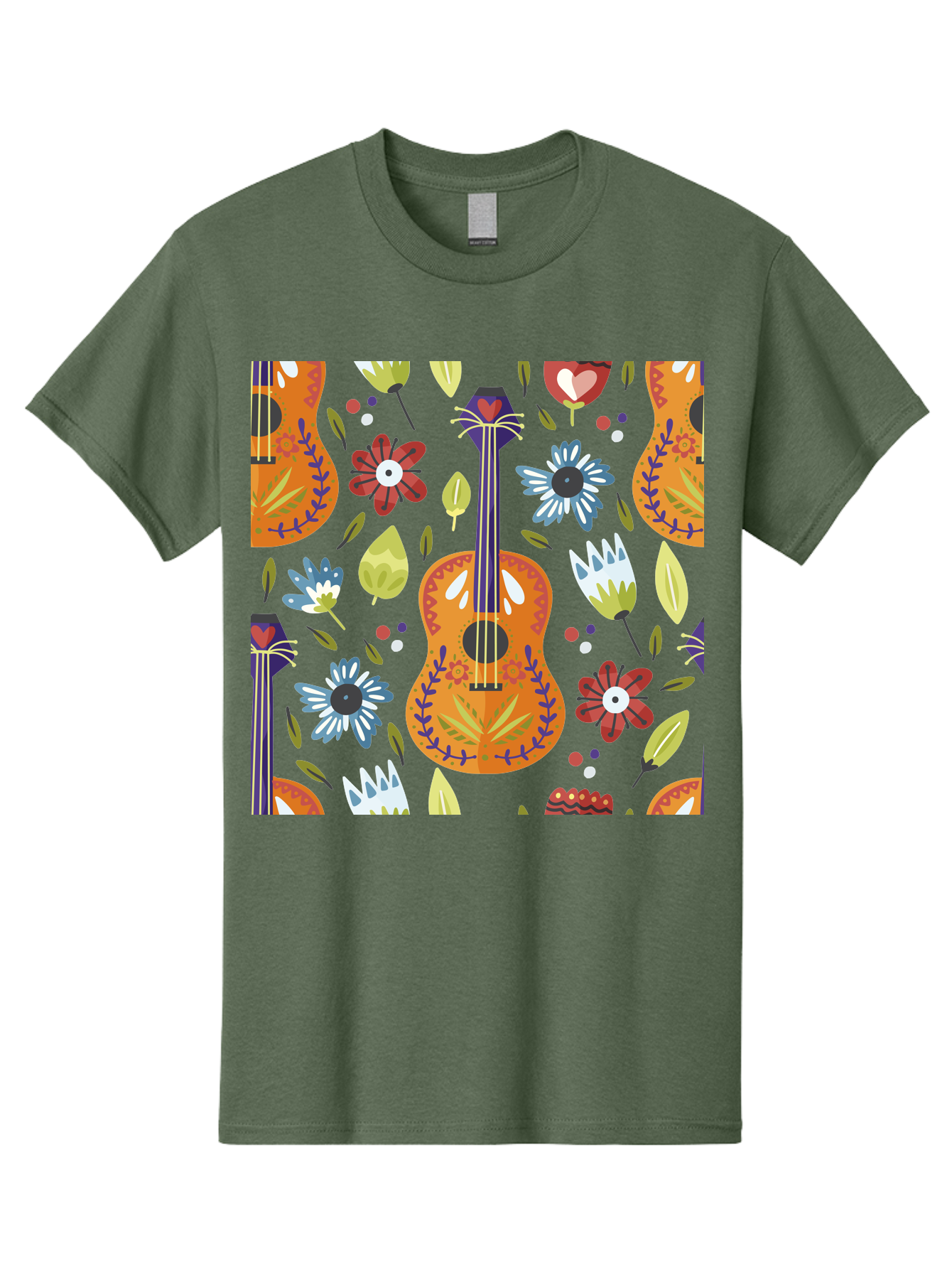 Ukulele-Floral-Pattern Men'S Graphic Tee, 100% Cotton, Comfortable Casual Summer Wear, Machine Washable, Ukulele, Floral Pattern, Flowers, Leaves, Hearts, Musical Instrument, Whimsical Design, Vibrant Colors, Playful Motifs, - Aaa305