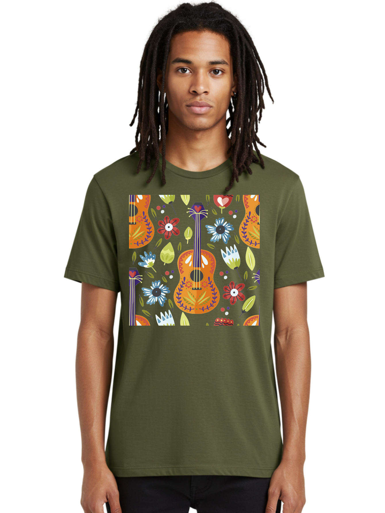Ukulele-Floral-Pattern Men'S Graphic Tee, 100% Cotton, Comfortable Casual Summer Wear, Machine Washable, Ukulele, Floral Pattern, Flowers, Leaves, Hearts, Musical Instrument, Whimsical Design, Vibrant Colors, Playful Motifs, - Aaa305