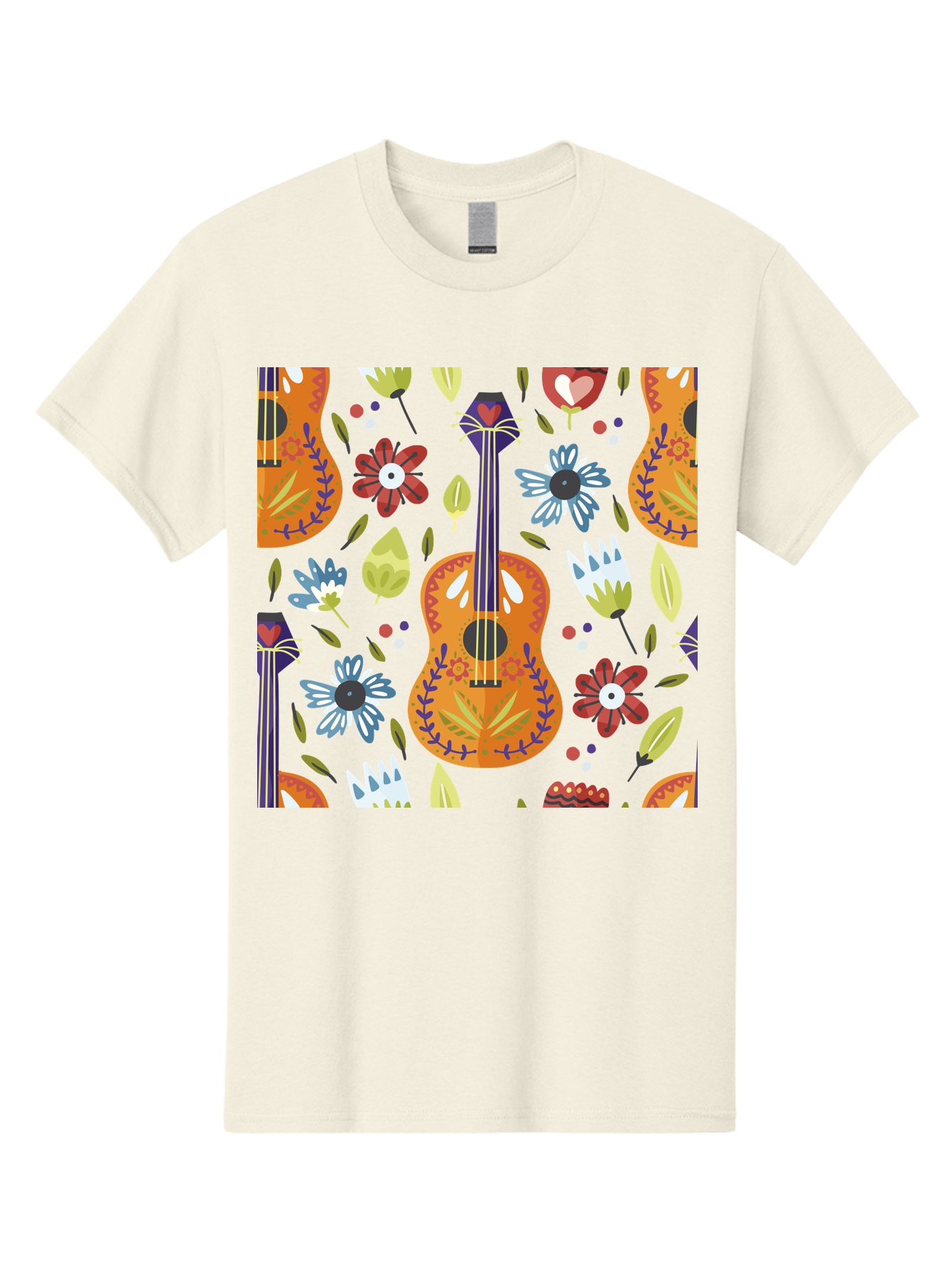 Ukulele-Floral-Pattern Men'S Graphic Tee, 100% Cotton, Comfortable Casual Summer Wear, Machine Washable, Ukulele, Floral Pattern, Flowers, Leaves, Hearts, Musical Instrument, Whimsical Design, Vibrant Colors, Playful Motifs, - Aaa305