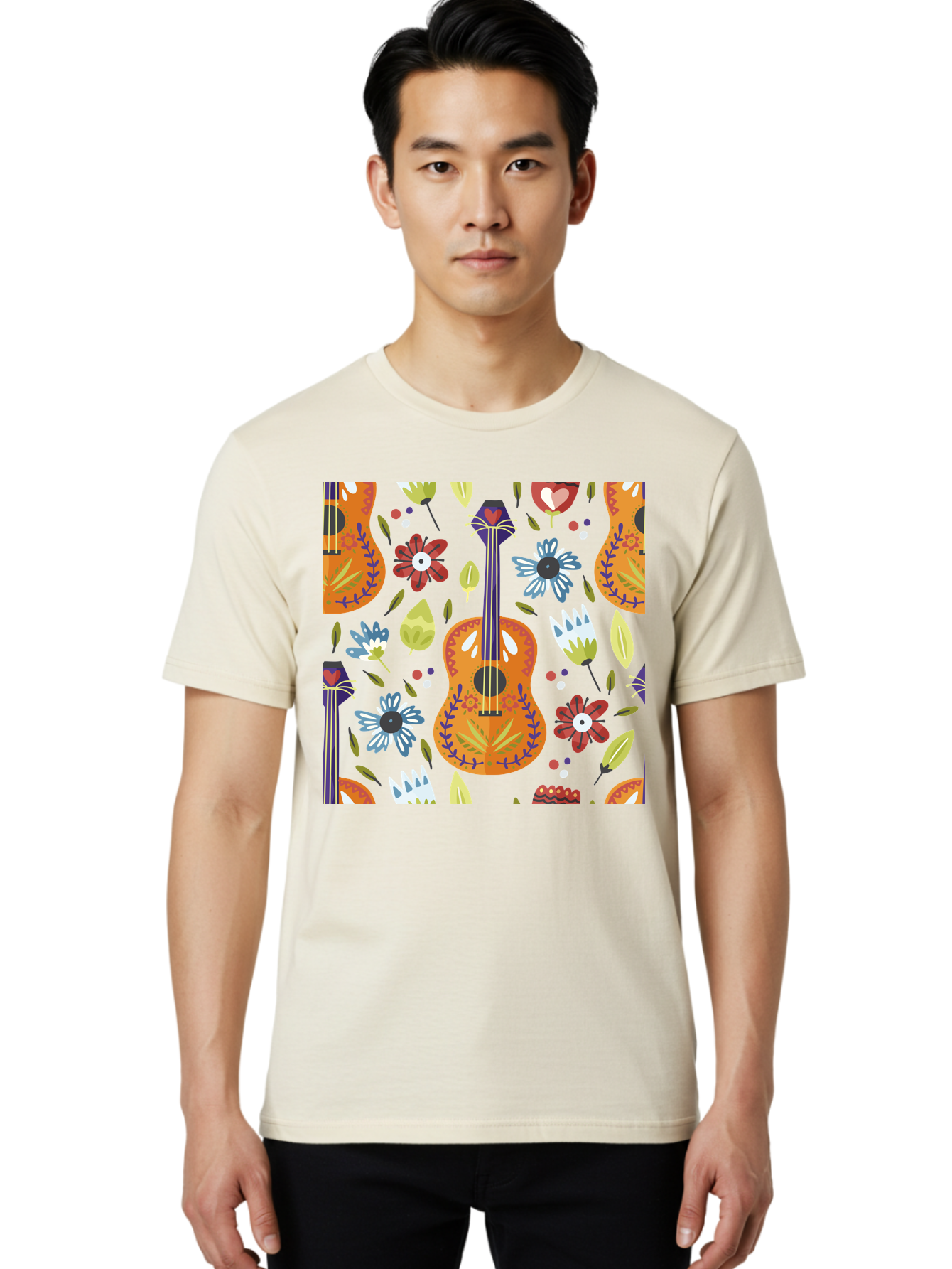 Ukulele-Floral-Pattern Men'S Graphic Tee, 100% Cotton, Comfortable Casual Summer Wear, Machine Washable, Ukulele, Floral Pattern, Flowers, Leaves, Hearts, Musical Instrument, Whimsical Design, Vibrant Colors, Playful Motifs, - Aaa305