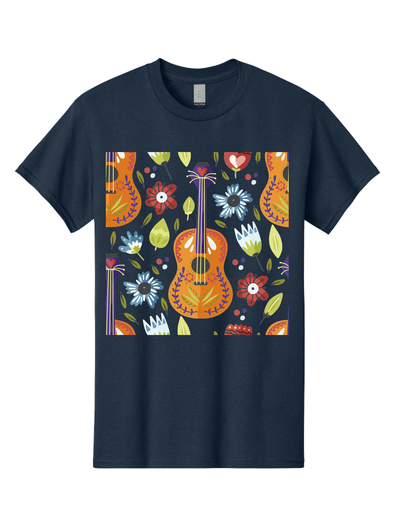 Ukulele-Floral-Pattern Men'S Graphic Tee, 100% Cotton, Comfortable Casual Summer Wear, Machine Washable, Ukulele, Floral Pattern, Flowers, Leaves, Hearts, Musical Instrument, Whimsical Design, Vibrant Colors, Playful Motifs, - Aaa305