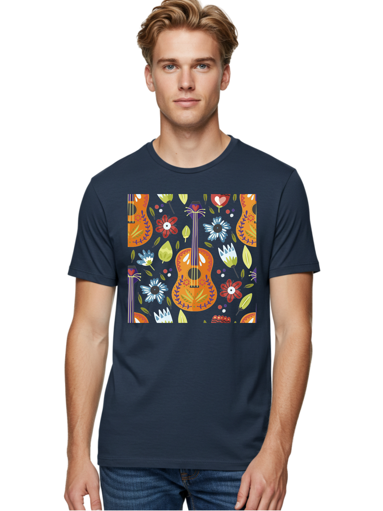 Ukulele-Floral-Pattern Men'S Graphic Tee, 100% Cotton, Comfortable Casual Summer Wear, Machine Washable, Ukulele, Floral Pattern, Flowers, Leaves, Hearts, Musical Instrument, Whimsical Design, Vibrant Colors, Playful Motifs, - Aaa305
