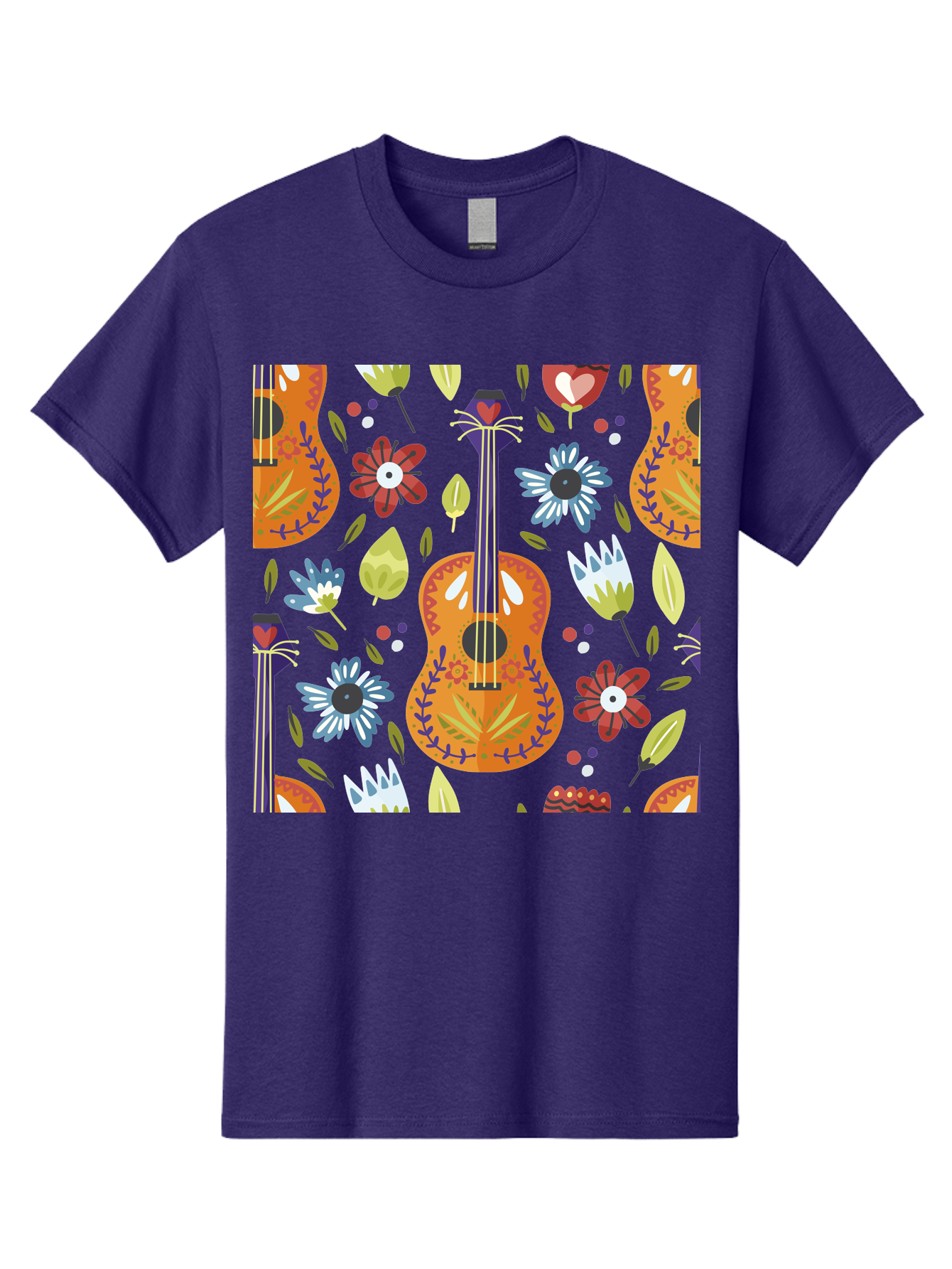 Ukulele-Floral-Pattern Men'S Graphic Tee, 100% Cotton, Comfortable Casual Summer Wear, Machine Washable, Ukulele, Floral Pattern, Flowers, Leaves, Hearts, Musical Instrument, Whimsical Design, Vibrant Colors, Playful Motifs, - Aaa305