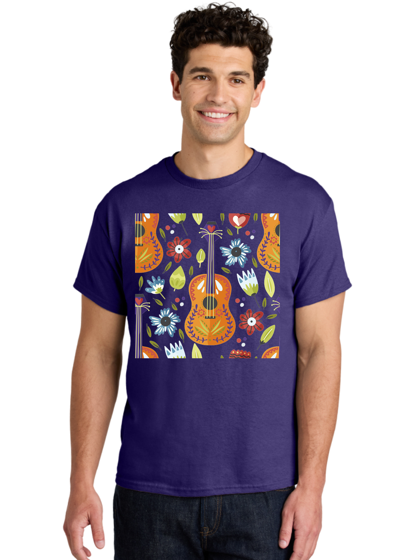 Ukulele-Floral-Pattern Men'S Graphic Tee, 100% Cotton, Comfortable Casual Summer Wear, Machine Washable, Ukulele, Floral Pattern, Flowers, Leaves, Hearts, Musical Instrument, Whimsical Design, Vibrant Colors, Playful Motifs, - Aaa305