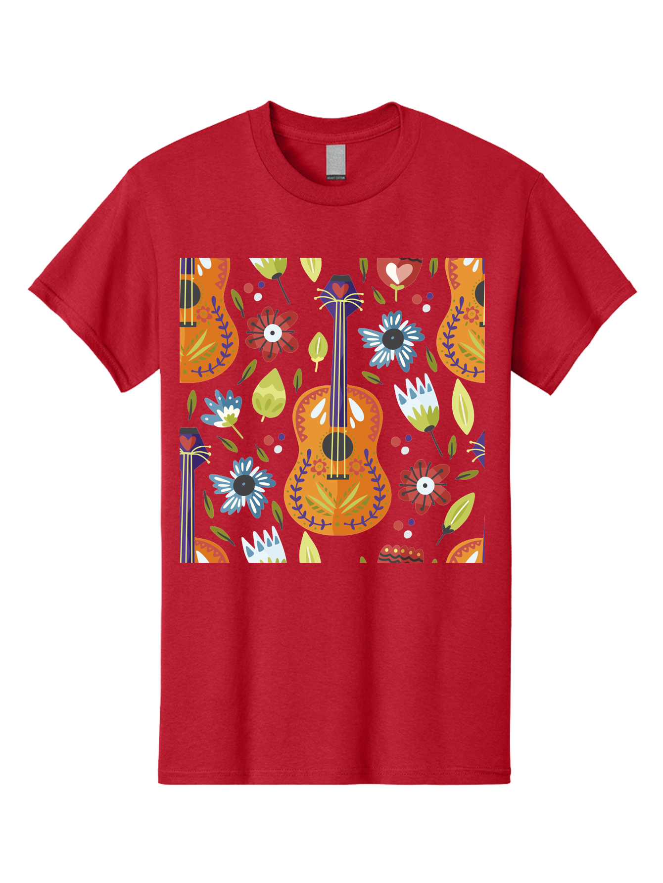 Ukulele-Floral-Pattern Men'S Graphic Tee, 100% Cotton, Comfortable Casual Summer Wear, Machine Washable, Ukulele, Floral Pattern, Flowers, Leaves, Hearts, Musical Instrument, Whimsical Design, Vibrant Colors, Playful Motifs, - Aaa305
