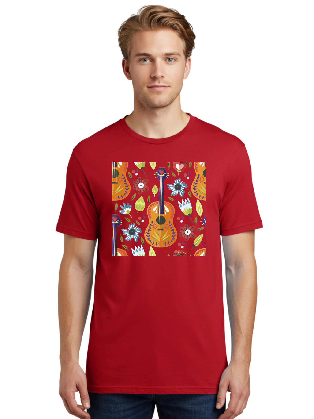 Ukulele-Floral-Pattern Men'S Graphic Tee, 100% Cotton, Comfortable Casual Summer Wear, Machine Washable, Ukulele, Floral Pattern, Flowers, Leaves, Hearts, Musical Instrument, Whimsical Design, Vibrant Colors, Playful Motifs, - Aaa305