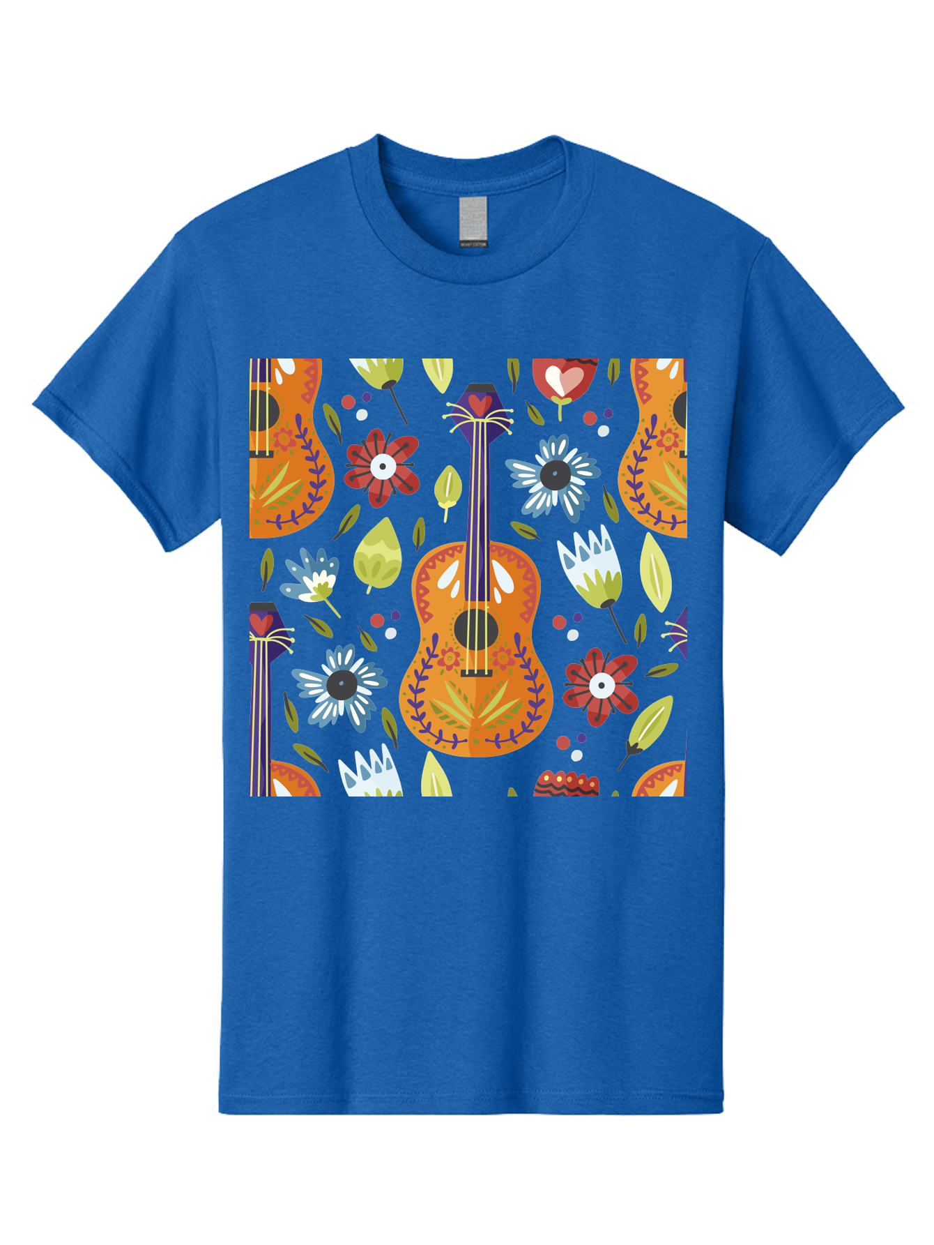 Ukulele-Floral-Pattern Men'S Graphic Tee, 100% Cotton, Comfortable Casual Summer Wear, Machine Washable, Ukulele, Floral Pattern, Flowers, Leaves, Hearts, Musical Instrument, Whimsical Design, Vibrant Colors, Playful Motifs, - Aaa305