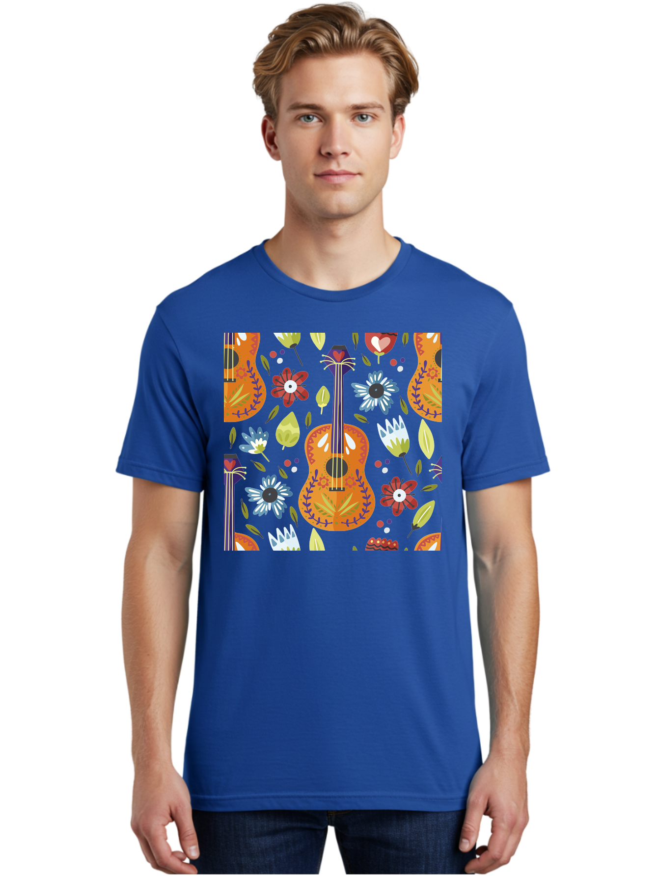 Ukulele-Floral-Pattern Men'S Graphic Tee, 100% Cotton, Comfortable Casual Summer Wear, Machine Washable, Ukulele, Floral Pattern, Flowers, Leaves, Hearts, Musical Instrument, Whimsical Design, Vibrant Colors, Playful Motifs, - Aaa305