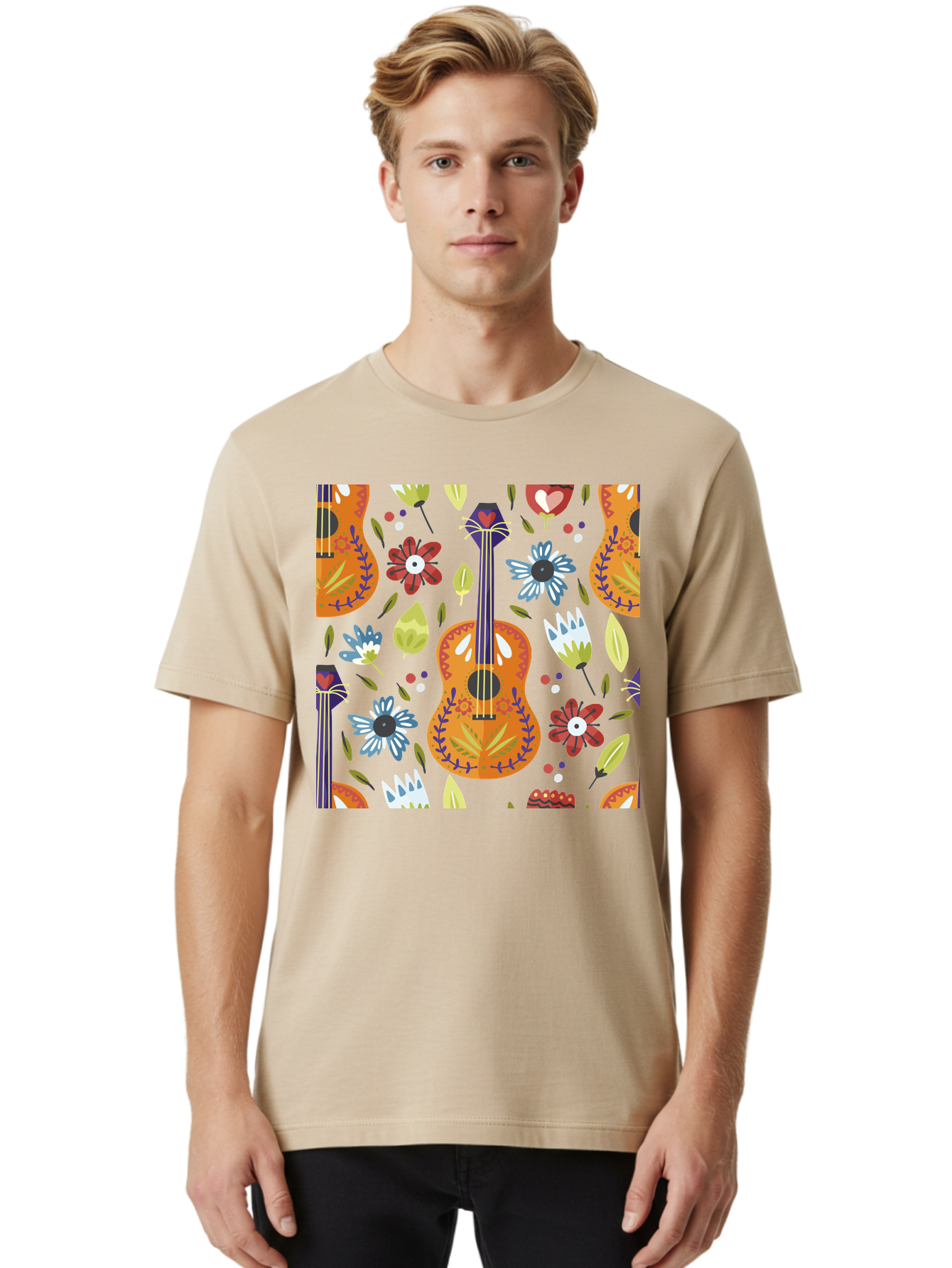 Ukulele-Floral-Pattern Men'S Graphic Tee, 100% Cotton, Comfortable Casual Summer Wear, Machine Washable, Ukulele, Floral Pattern, Flowers, Leaves, Hearts, Musical Instrument, Whimsical Design, Vibrant Colors, Playful Motifs, - Aaa305
