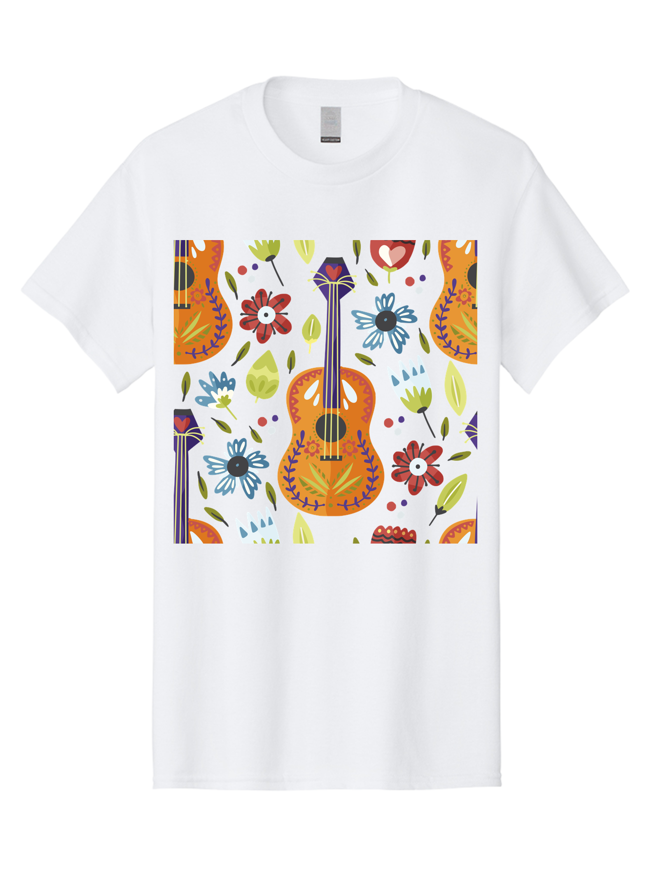 Ukulele-Floral-Pattern Men'S Graphic Tee, 100% Cotton, Comfortable Casual Summer Wear, Machine Washable, Ukulele, Floral Pattern, Flowers, Leaves, Hearts, Musical Instrument, Whimsical Design, Vibrant Colors, Playful Motifs, - Aaa305