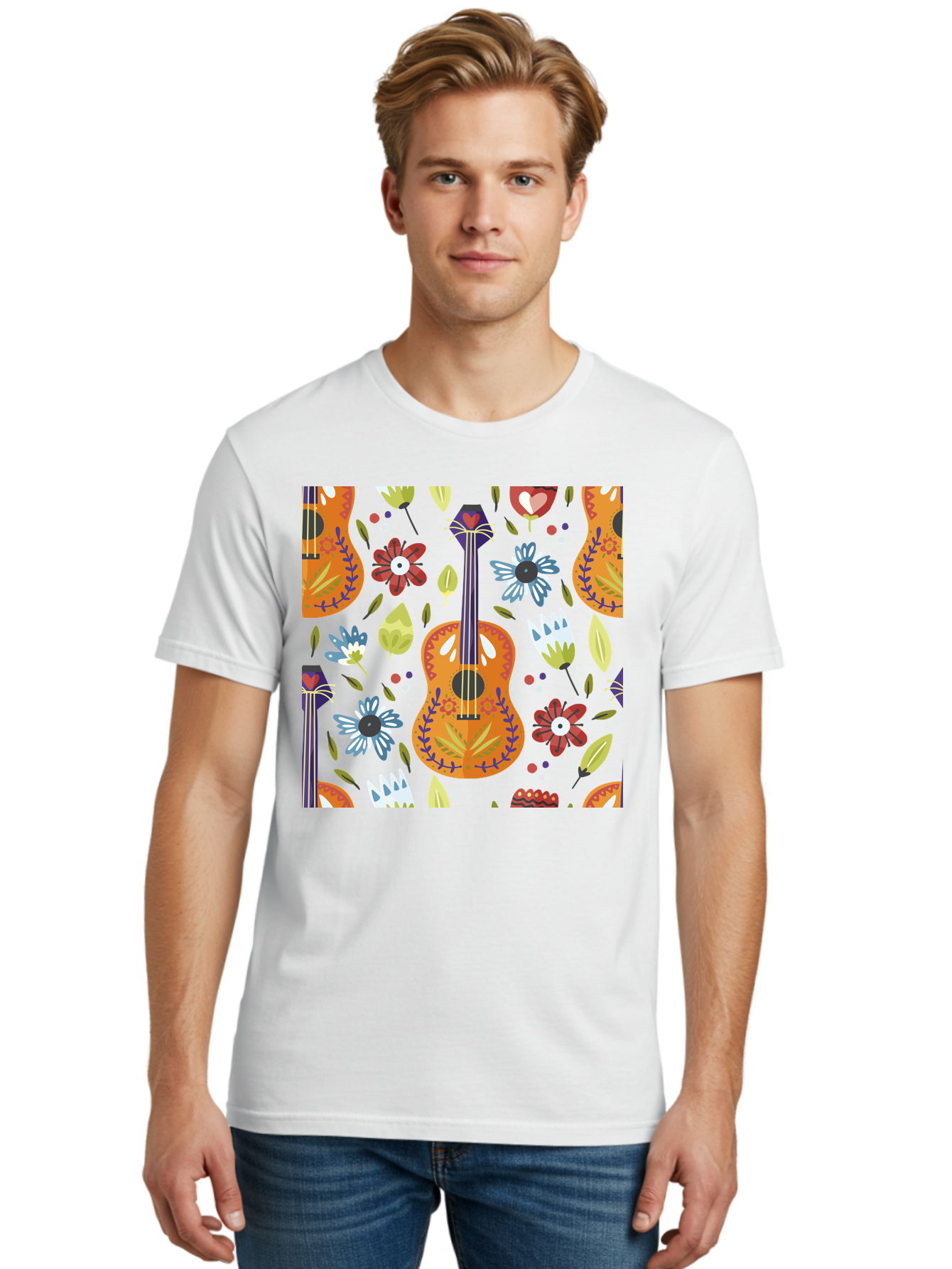 Ukulele-Floral-Pattern Men'S Graphic Tee, 100% Cotton, Comfortable Casual Summer Wear, Machine Washable, Ukulele, Floral Pattern, Flowers, Leaves, Hearts, Musical Instrument, Whimsical Design, Vibrant Colors, Playful Motifs, - Aaa305